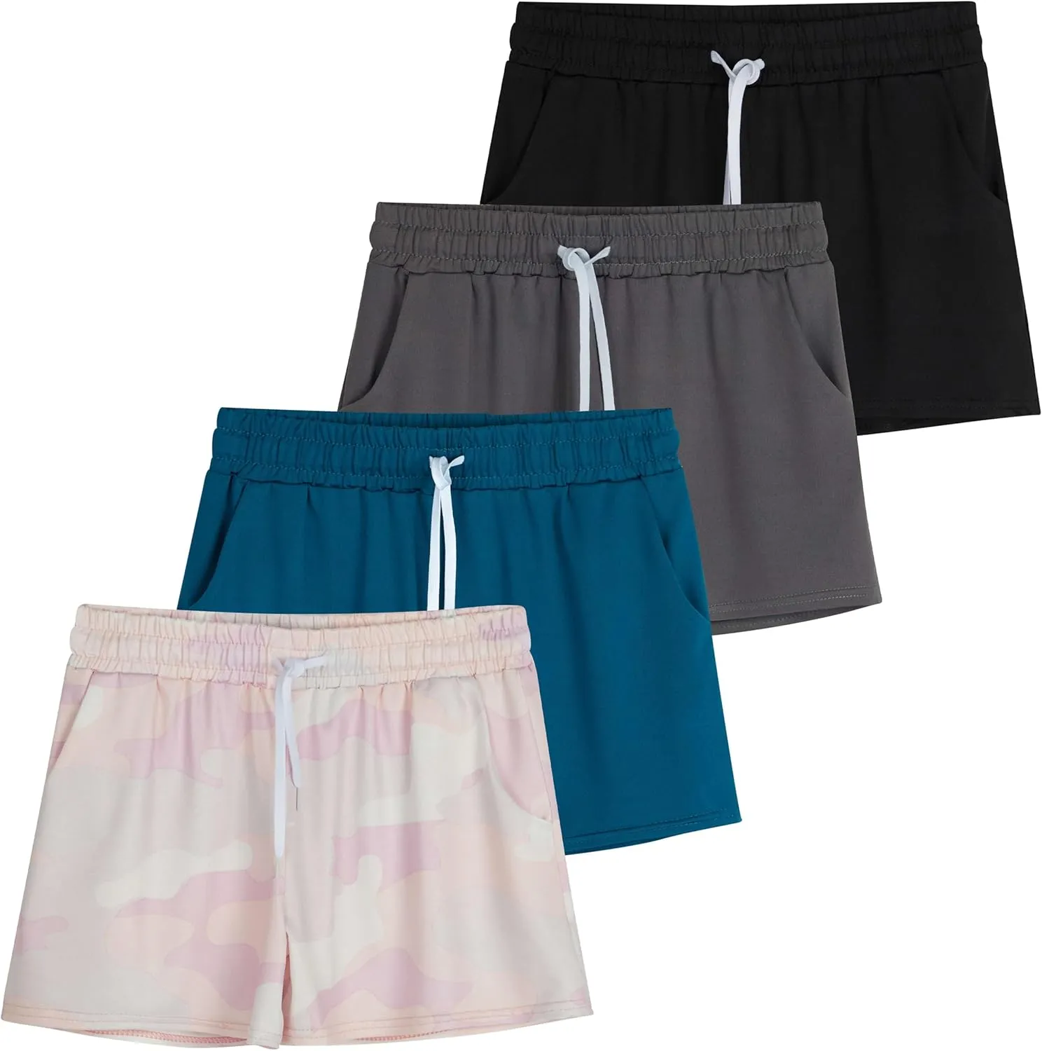 Real Essentials 4 Pack: Girls Athletic Performance Dry-Fit Running Shorts with Drawstring & Pockets
