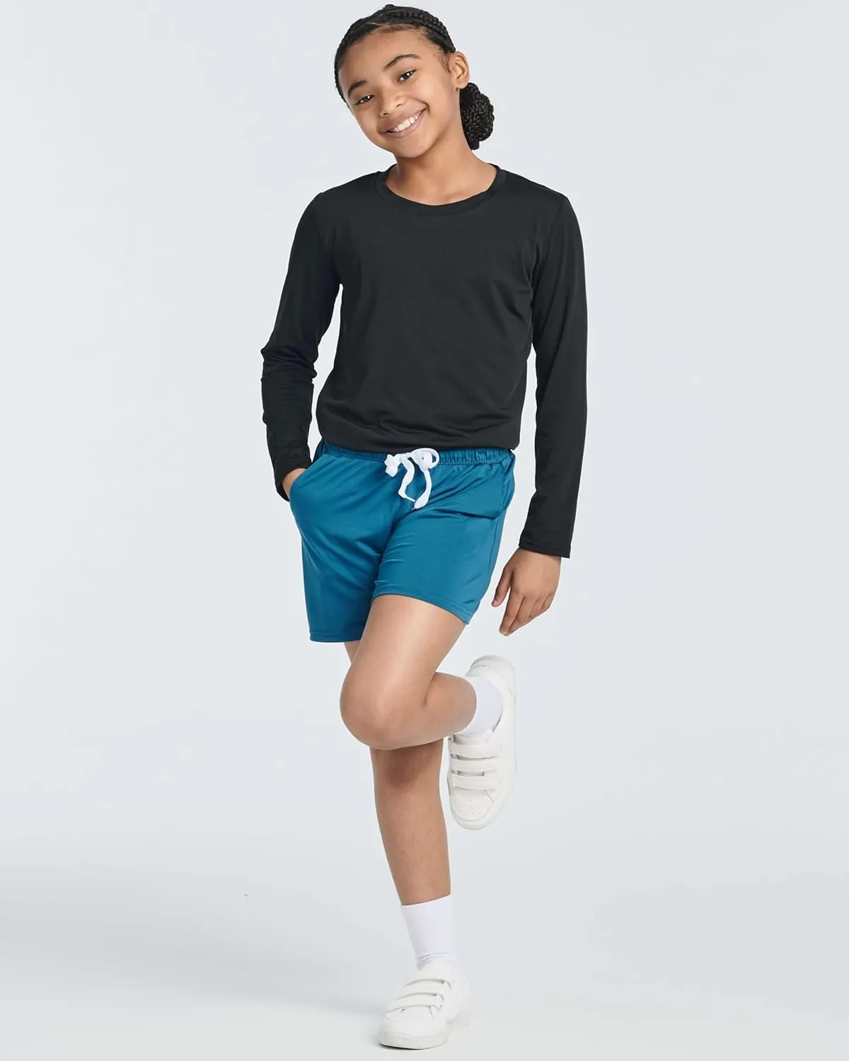Real Essentials 4 Pack: Girls Athletic Performance Dry-Fit Running Shorts with Drawstring & Pockets