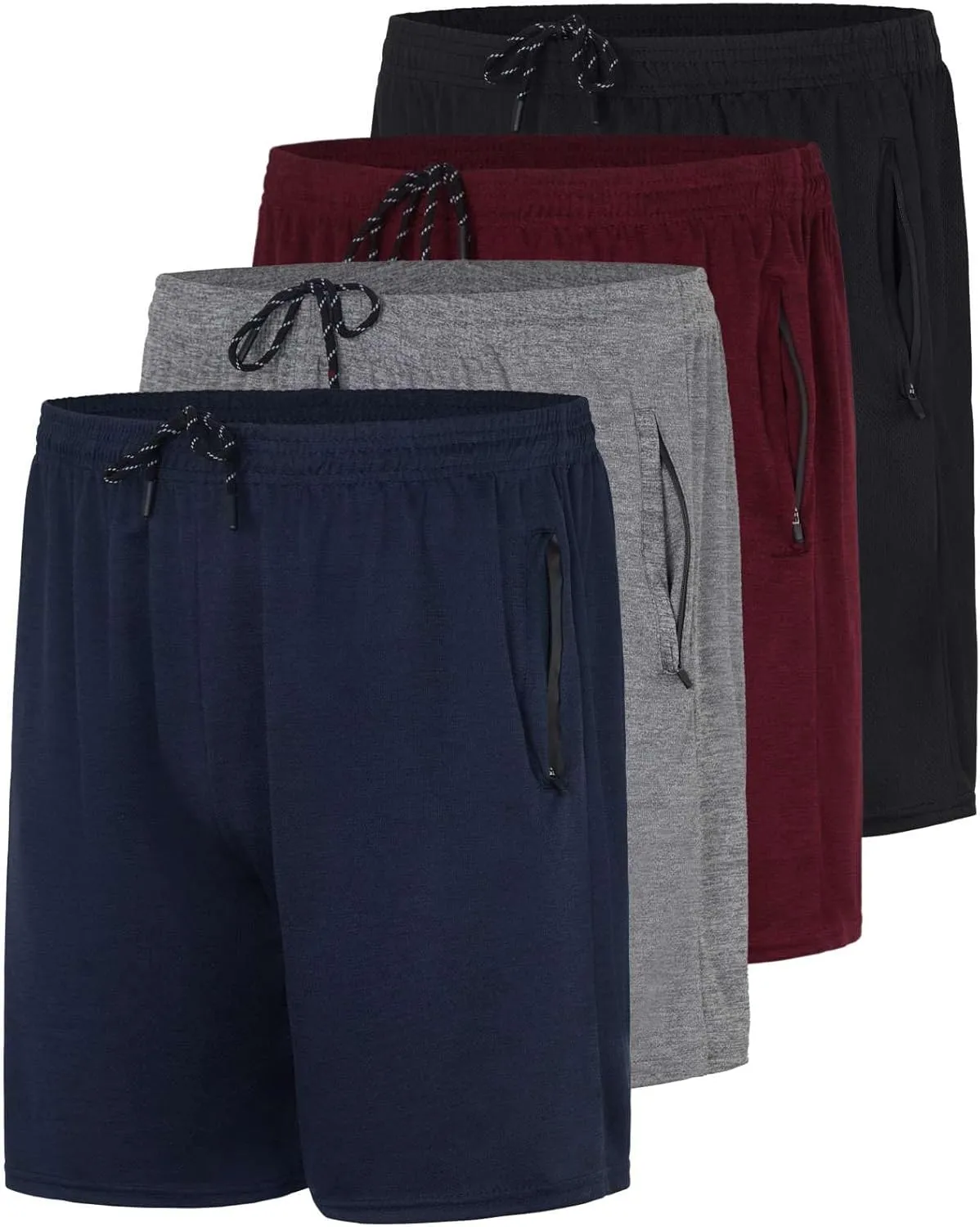 Real Essentials 4 Pack: Men's Mesh 7"/ 5"/ 3" Athletic Zipper Shorts Workout Gym Running Basketball (Big and Tall Available)