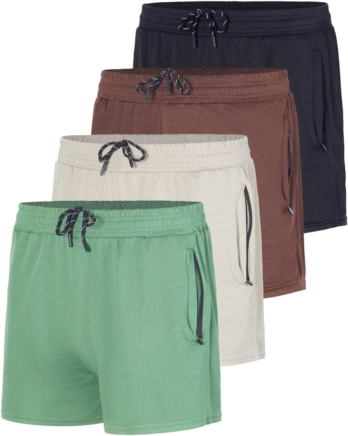 Real Essentials 4 Pack: Men's Mesh 7"/ 5"/ 3" Athletic Zipper Shorts Workout Gym Running Basketball (Big and Tall Available)