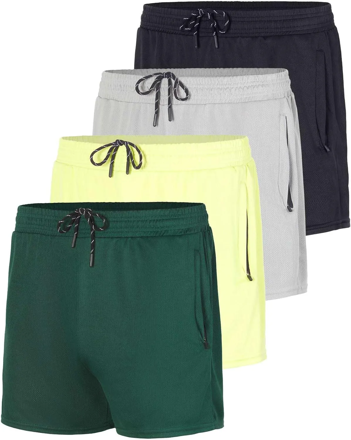 Real Essentials 4 Pack: Men's Mesh Athletic Running Zipper Shorts Quick Dry Workout 7"/ 5"/ 3" Sports Gym Basketball Hiking