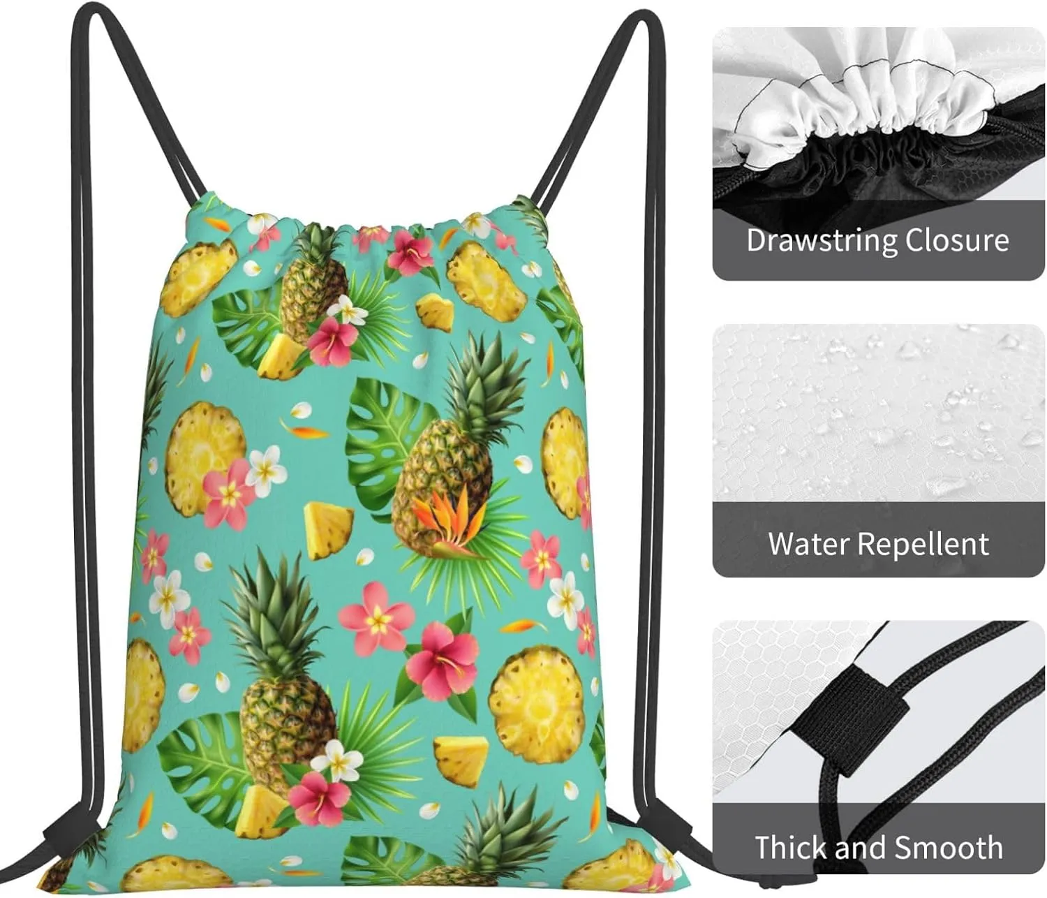 Realistic Pineapple Pattern Drawstring Gym Bags Sport String Bag Backpack for Hiking Yoga Travel 14 x 16 Inch