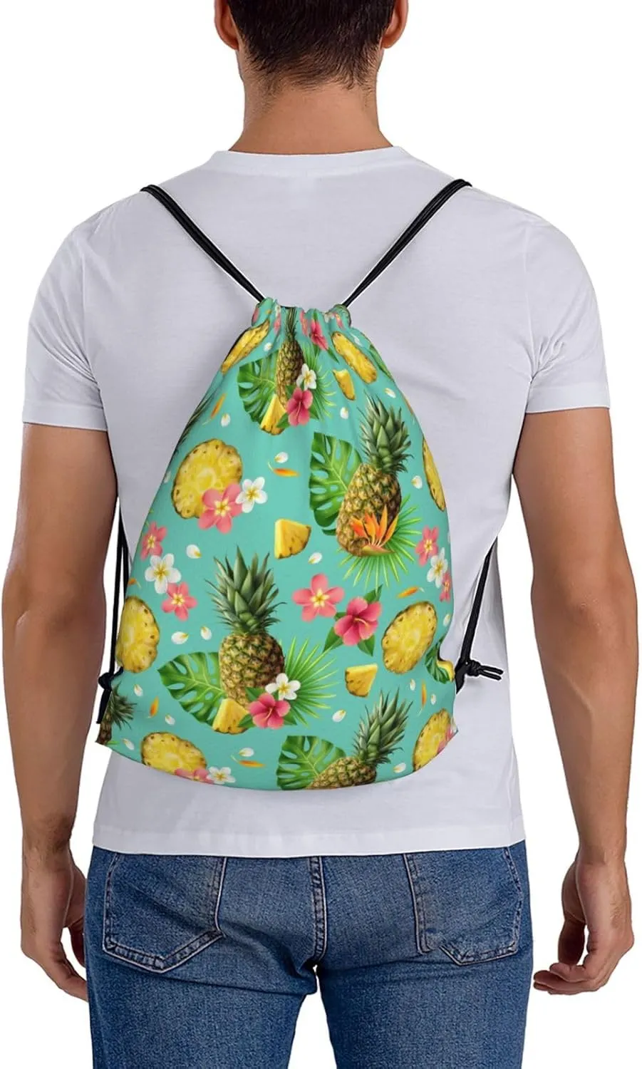 Realistic Pineapple Pattern Drawstring Gym Bags Sport String Bag Backpack for Hiking Yoga Travel 14 x 16 Inch