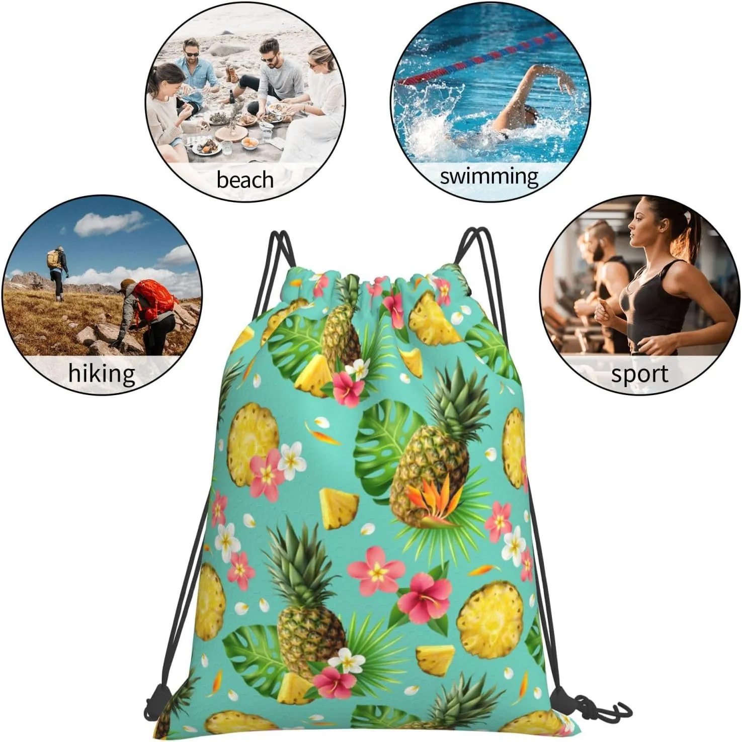 Realistic Pineapple Pattern Drawstring Gym Bags Sport String Bag Backpack for Hiking Yoga Travel 14 x 16 Inch