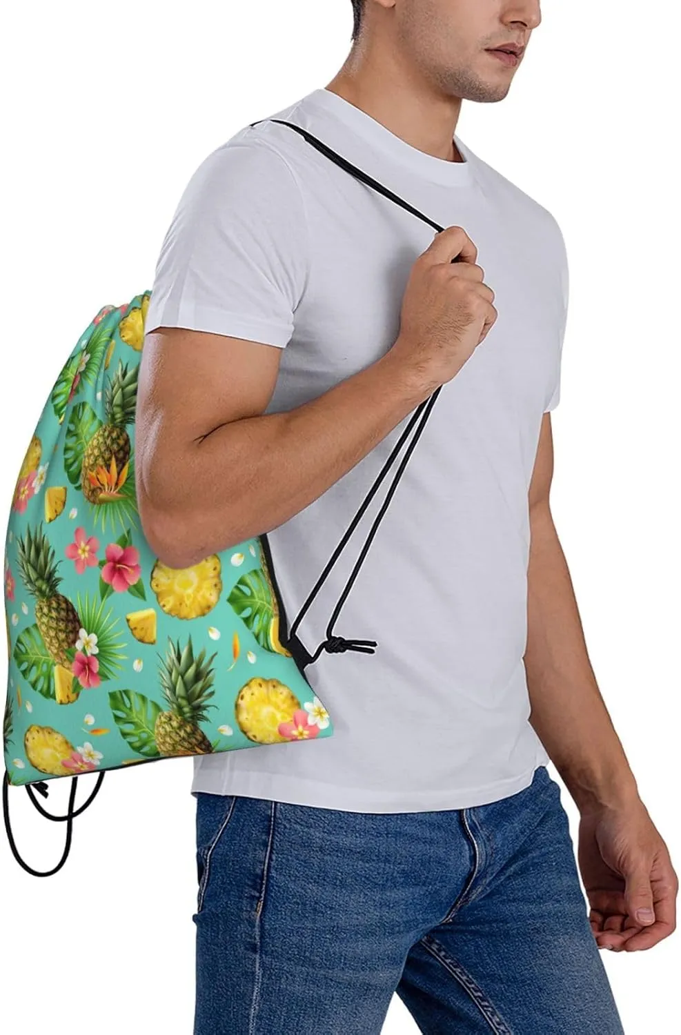 Realistic Pineapple Pattern Drawstring Gym Bags Sport String Bag Backpack for Hiking Yoga Travel 14 x 16 Inch