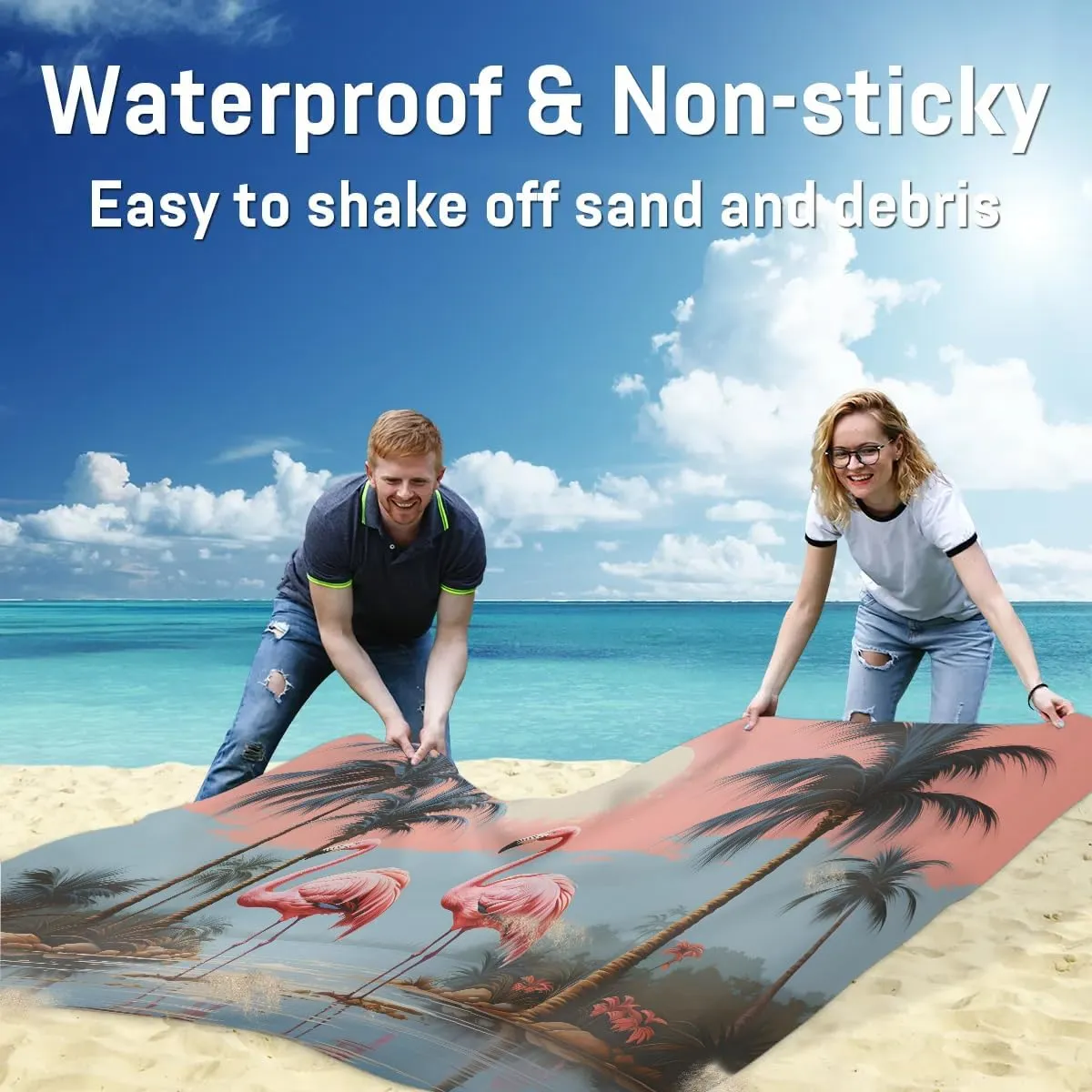 Red Birds Beach Blanket, Sandproof Beach Mat, 68 x 59 Waterproof Quick Drying Sand Free Mat with 4 x Ground Spikes for Outdoor Travel Camping Hiking, Palm Tree