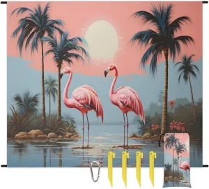 Red Birds Beach Blanket, Sandproof Beach Mat, 68 x 59 Waterproof Quick Drying Sand Free Mat with 4 x Ground Spikes for Outdoor Travel Camping Hiking, Palm Tree