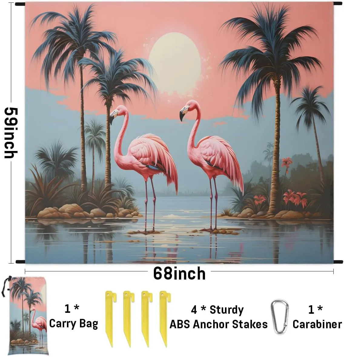 Red Birds Beach Blanket, Sandproof Beach Mat, 68 x 59 Waterproof Quick Drying Sand Free Mat with 4 x Ground Spikes for Outdoor Travel Camping Hiking, Palm Tree