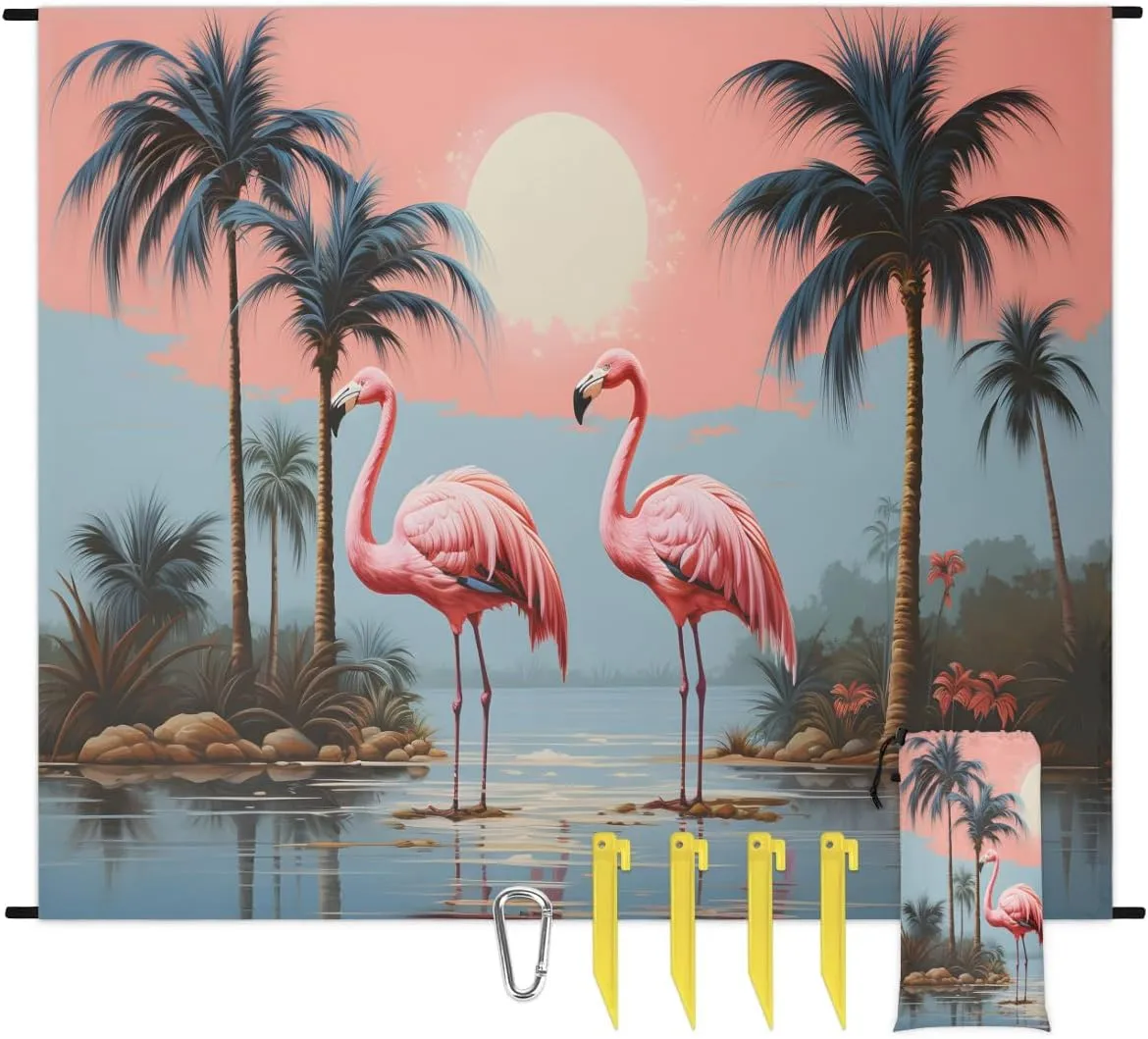 Red Birds Beach Blanket, Sandproof Beach Mat, 68 x 59 Waterproof Quick Drying Sand Free Mat with 4 x Ground Spikes for Outdoor Travel Camping Hiking, Palm Tree