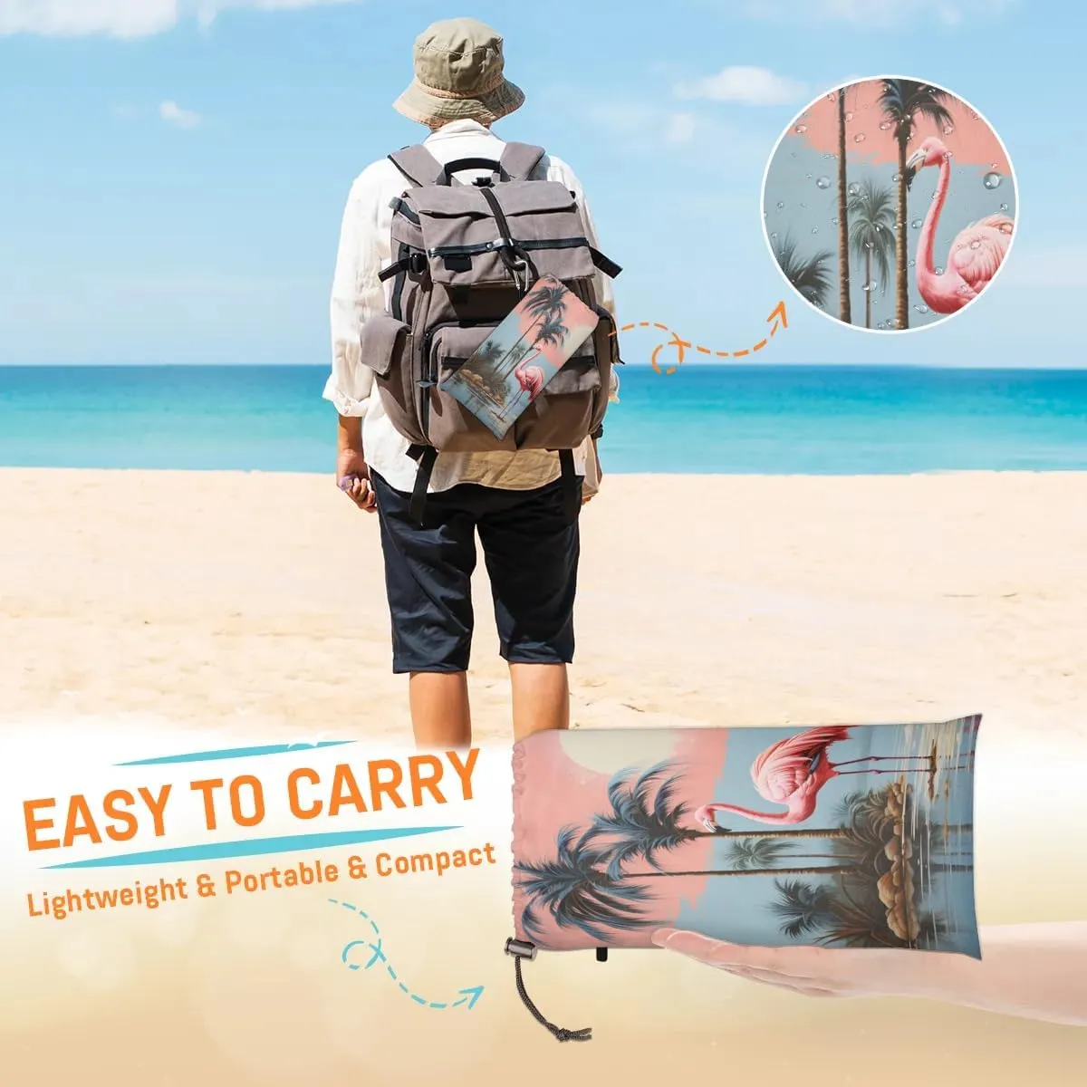 Red Birds Beach Blanket, Sandproof Beach Mat, 68 x 59 Waterproof Quick Drying Sand Free Mat with 4 x Ground Spikes for Outdoor Travel Camping Hiking, Palm Tree