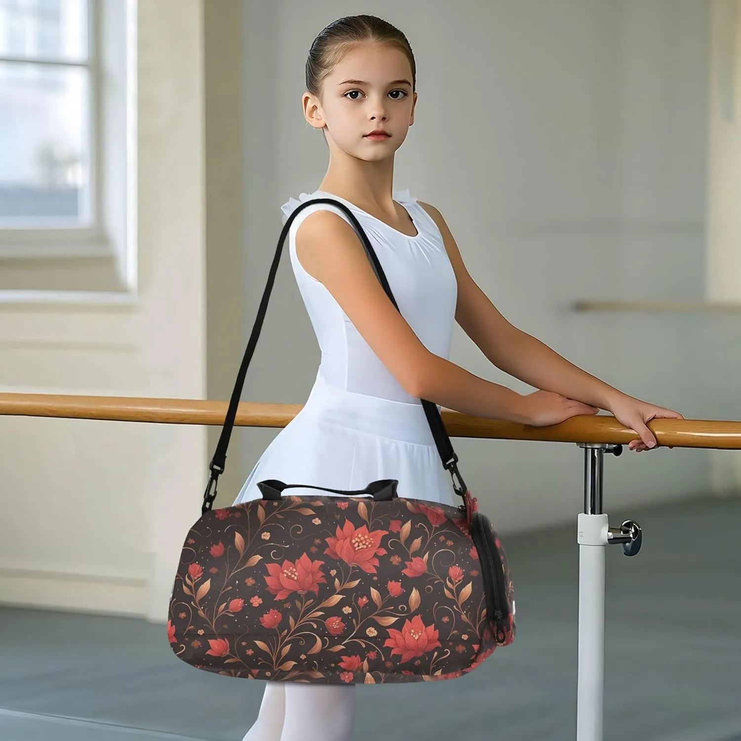 Red Flowers Gym Duffel Bag with Shoes Compartment Lightweight Travel Duffel Bag for School Practice, Sports, Travel
