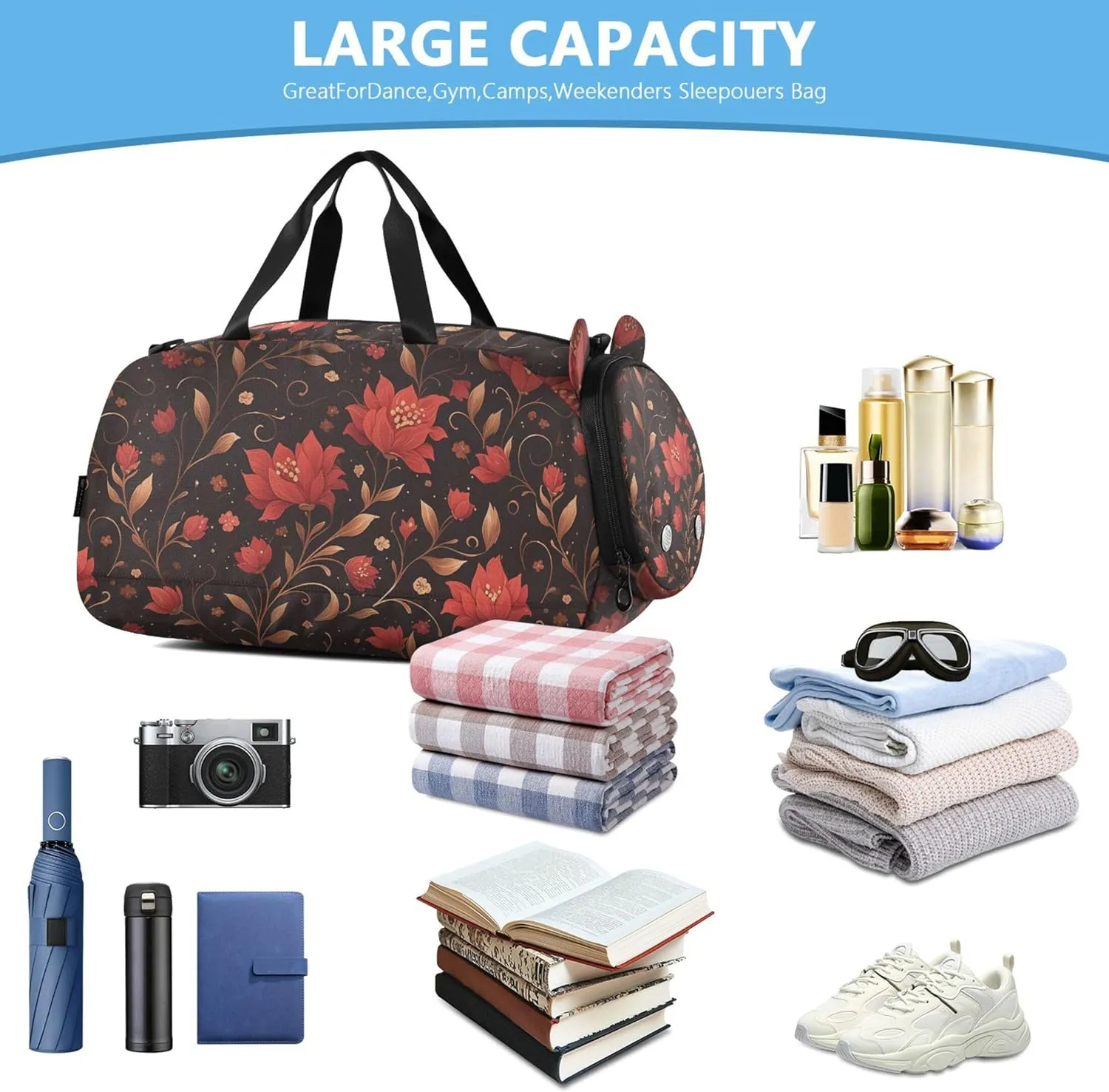 Red Flowers Gym Duffel Bag with Shoes Compartment Lightweight Travel Duffel Bag for School Practice, Sports, Travel