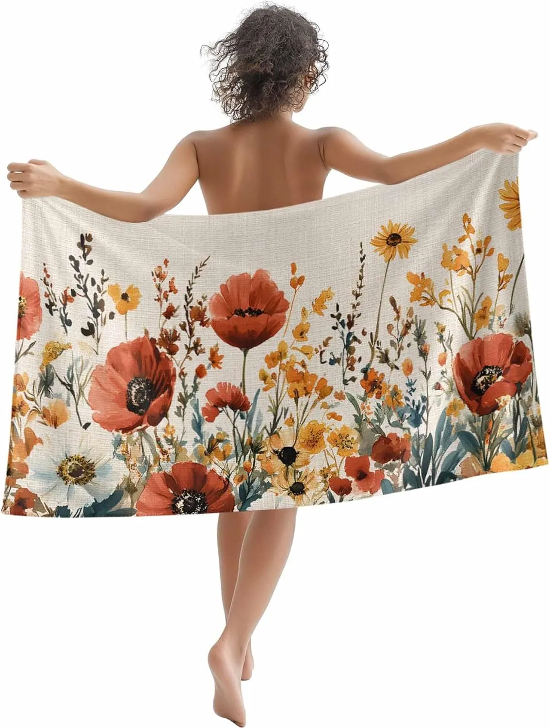 Red Poppy Sunflowers Microfiber Sandproof Beach Towel for Pool Swimming, Spring Floral Farmhouse Quick Dry Absorbent Soft Towels for Bath Camping Travel, Lightweight Breathable 30"x60"