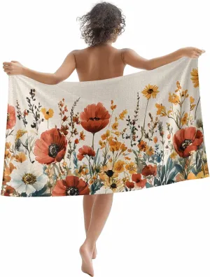 Red Poppy Sunflowers Microfiber Sandproof Beach Towel for Pool Swimming, Spring Floral Farmhouse Quick Dry Absorbent Soft Towels for Bath Camping Travel, Lightweight Breathable 30"x60"