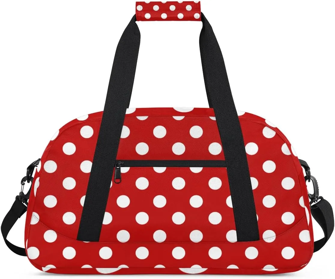 Red White Polka Dots Kids Overnighter Duffel Bags for Girls Boys, Carry-On Size Sports Gym Dance Bag for School Practice or Overnight Travel Weekender Sleepover Tote Bag