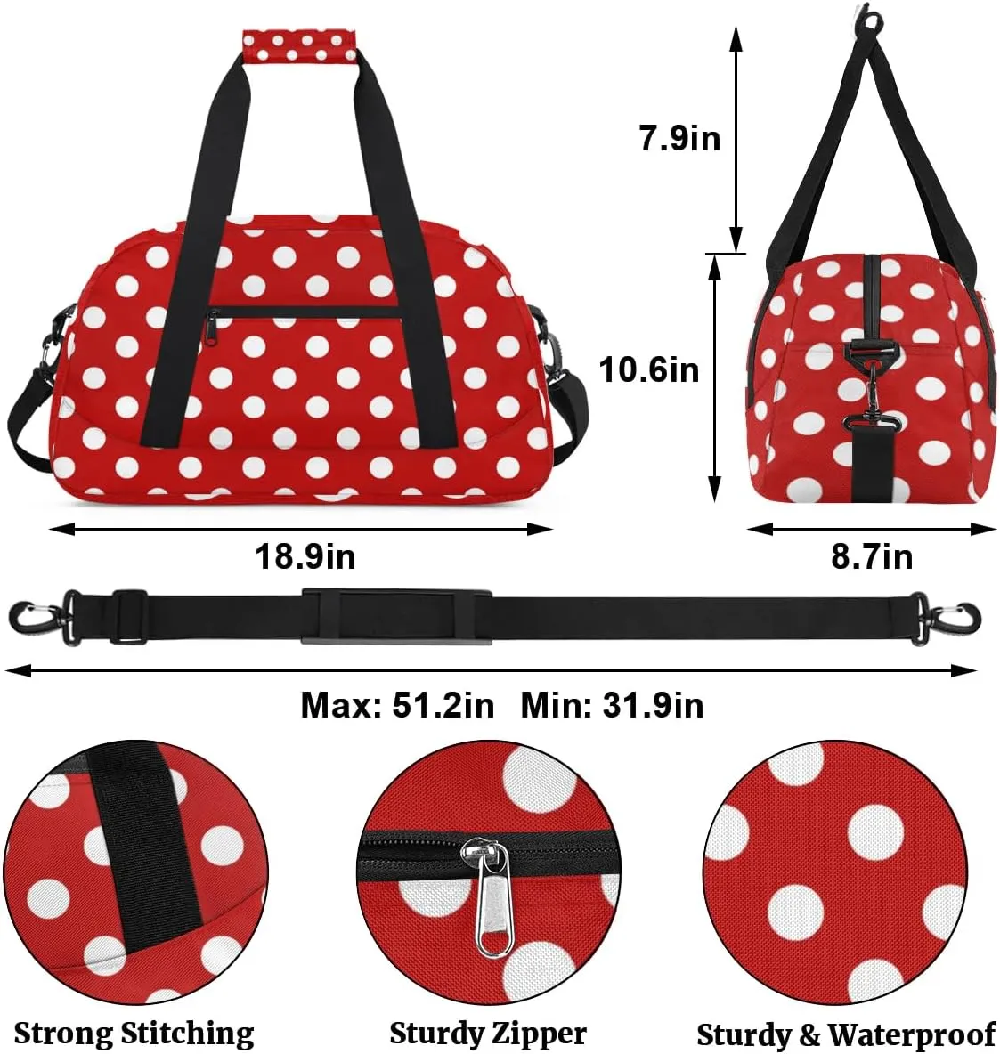 Red White Polka Dots Kids Overnighter Duffel Bags for Girls Boys, Carry-On Size Sports Gym Dance Bag for School Practice or Overnight Travel Weekender Sleepover Tote Bag