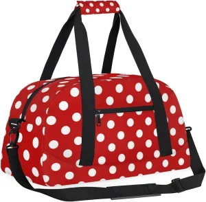 Red White Polka Dots Kids Overnighter Duffel Bags for Girls Boys, Carry-On Size Sports Gym Dance Bag for School Practice or Overnight Travel Weekender Sleepover Tote Bag
