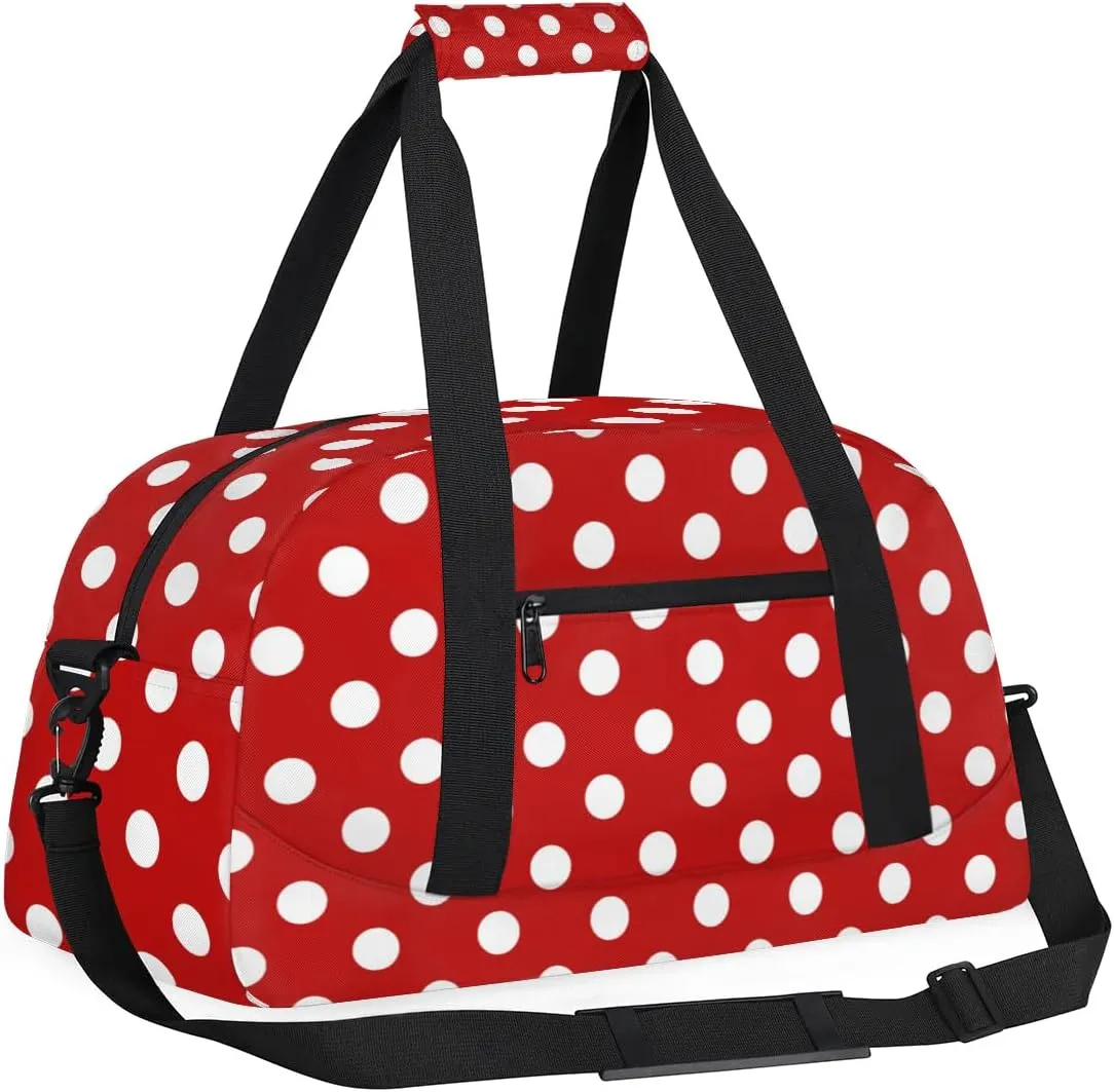 Red White Polka Dots Kids Overnighter Duffel Bags for Girls Boys, Carry-On Size Sports Gym Dance Bag for School Practice or Overnight Travel Weekender Sleepover Tote Bag