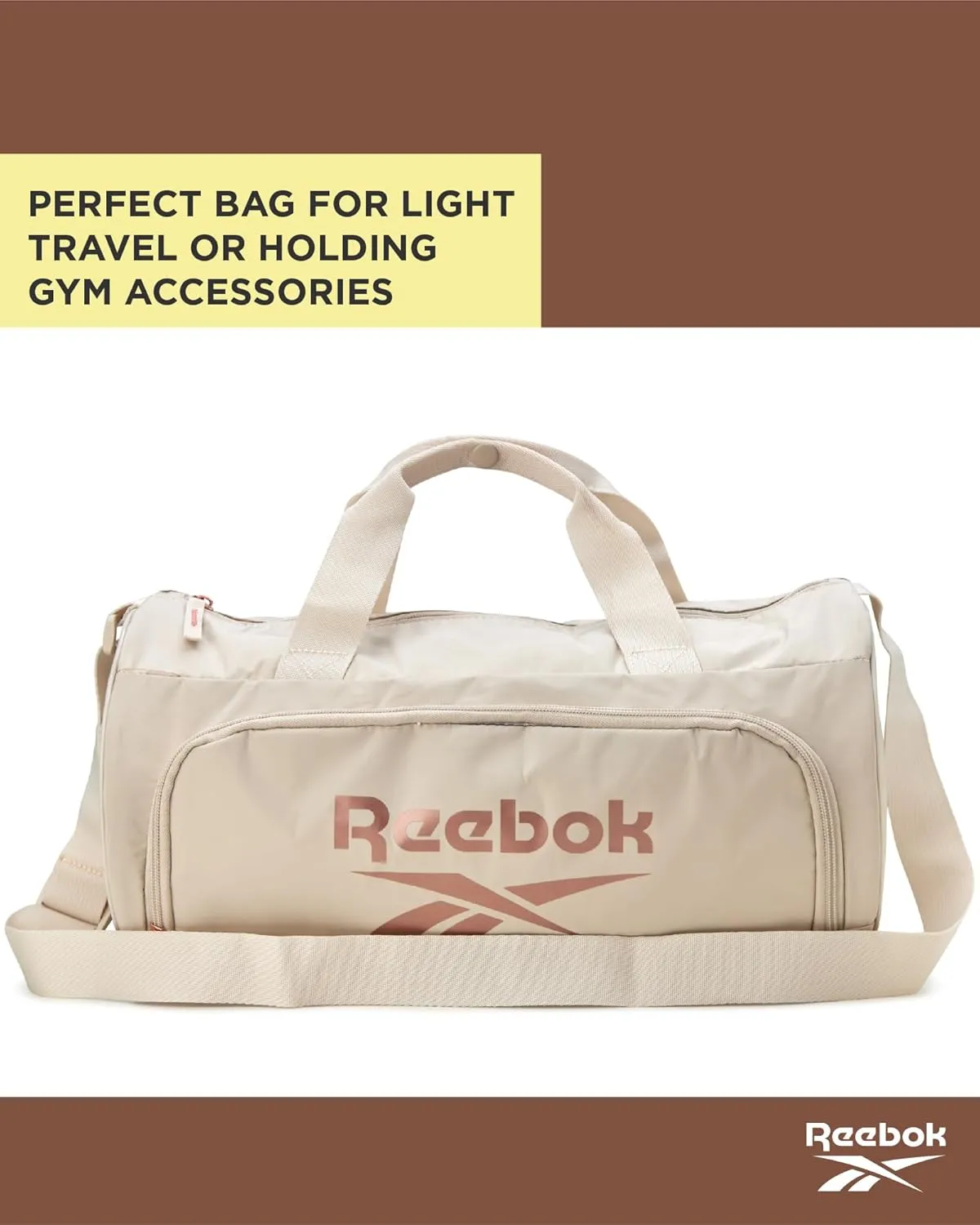 Reebok Duffle Bag – Gym Bag for Women & Men, Carry On and Overnight Duffle for Travel & Fitness, Size Small, Easton Beige