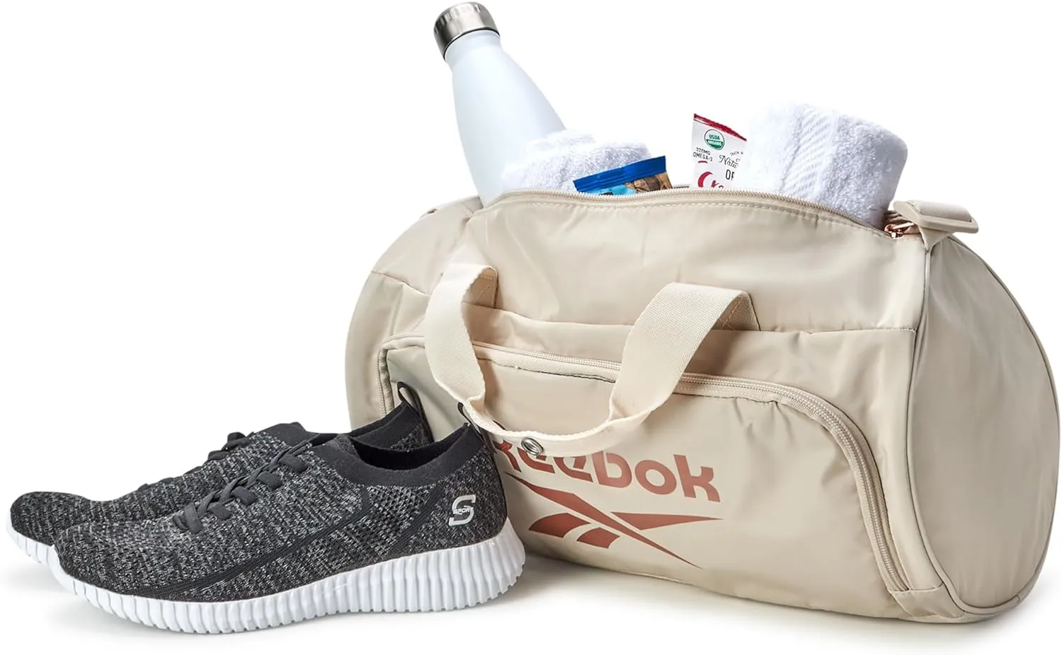 Reebok Duffle Bag – Gym Bag for Women & Men, Carry On and Overnight Duffle for Travel & Fitness, Size Small, Easton Beige