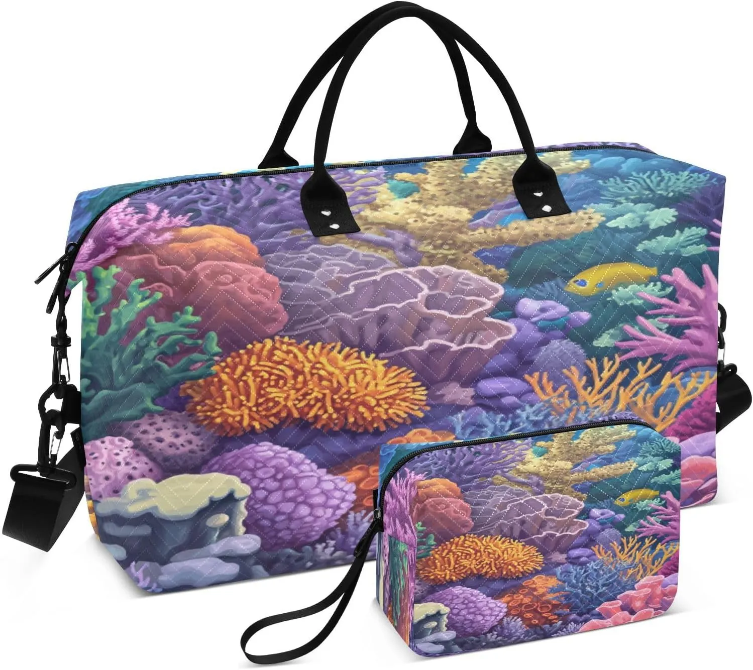Reef Yellow Fish Blue Sports Gym Bag for Women Men Travel Duffel Bag Weekend Overnight Carry on Bag with Toiletry Bag Training Handbag for Hospital Plane Swimming Yoga Workout