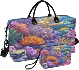 Reef Yellow Fish Blue Sports Gym Bag for Women Men Travel Duffel Bag Weekend Overnight Carry on Bag with Toiletry Bag Training Handbag for Hospital Plane Swimming Yoga Workout