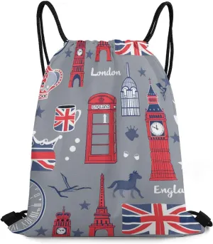Retro British Flag And Clock Coffee Phone Booth Street Drawstring Backpack Durable String Bag Sports Sackpack Cinch Bags for Gym Travel
