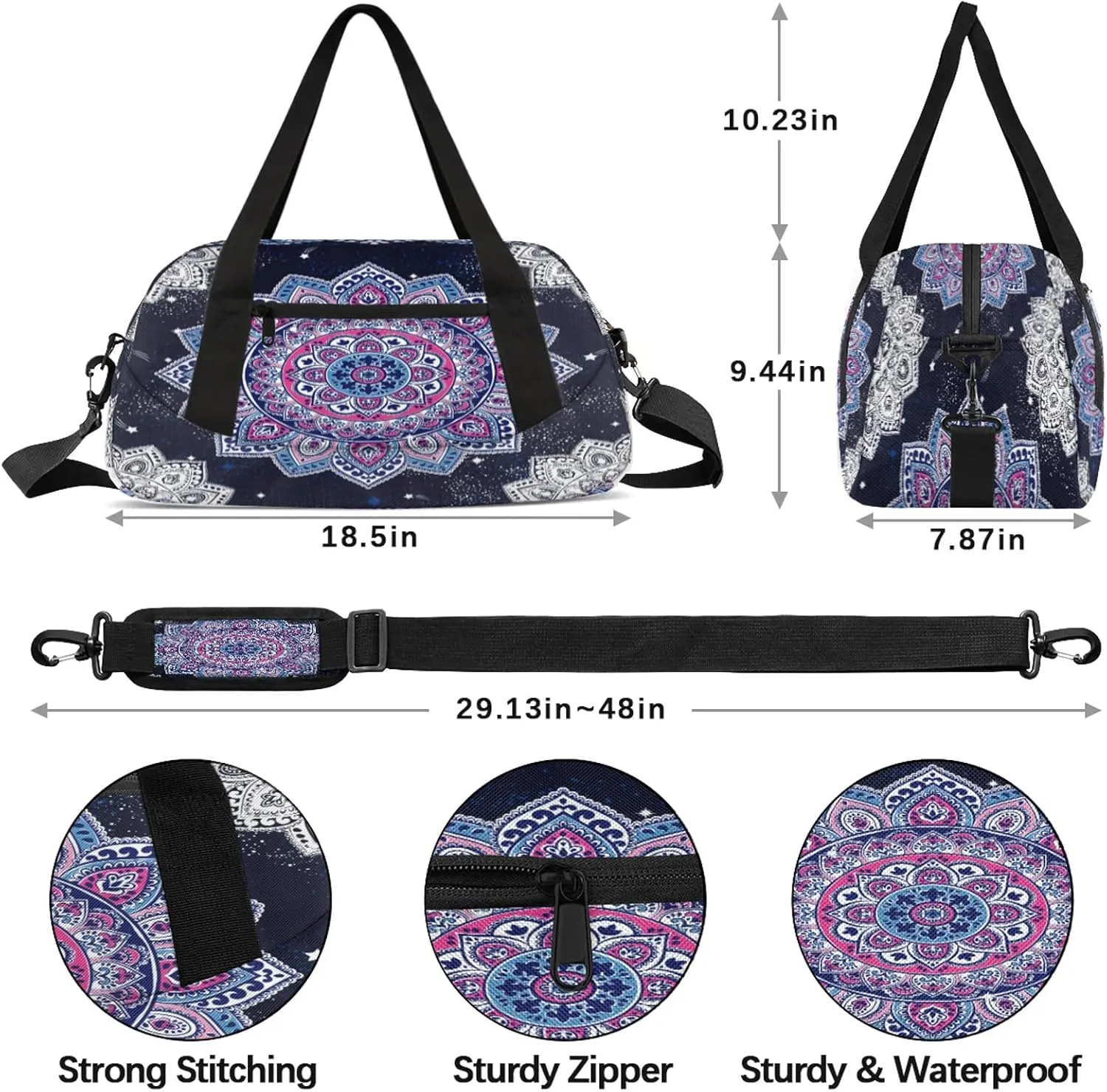 Retro Mandala Pattern Kids Duffel Bag Lightweight Waterproof Sports Gym Bag with Front Zipper Pocket Foldable Weekender Overnight Bag for School Practice Gymnastic Ballet