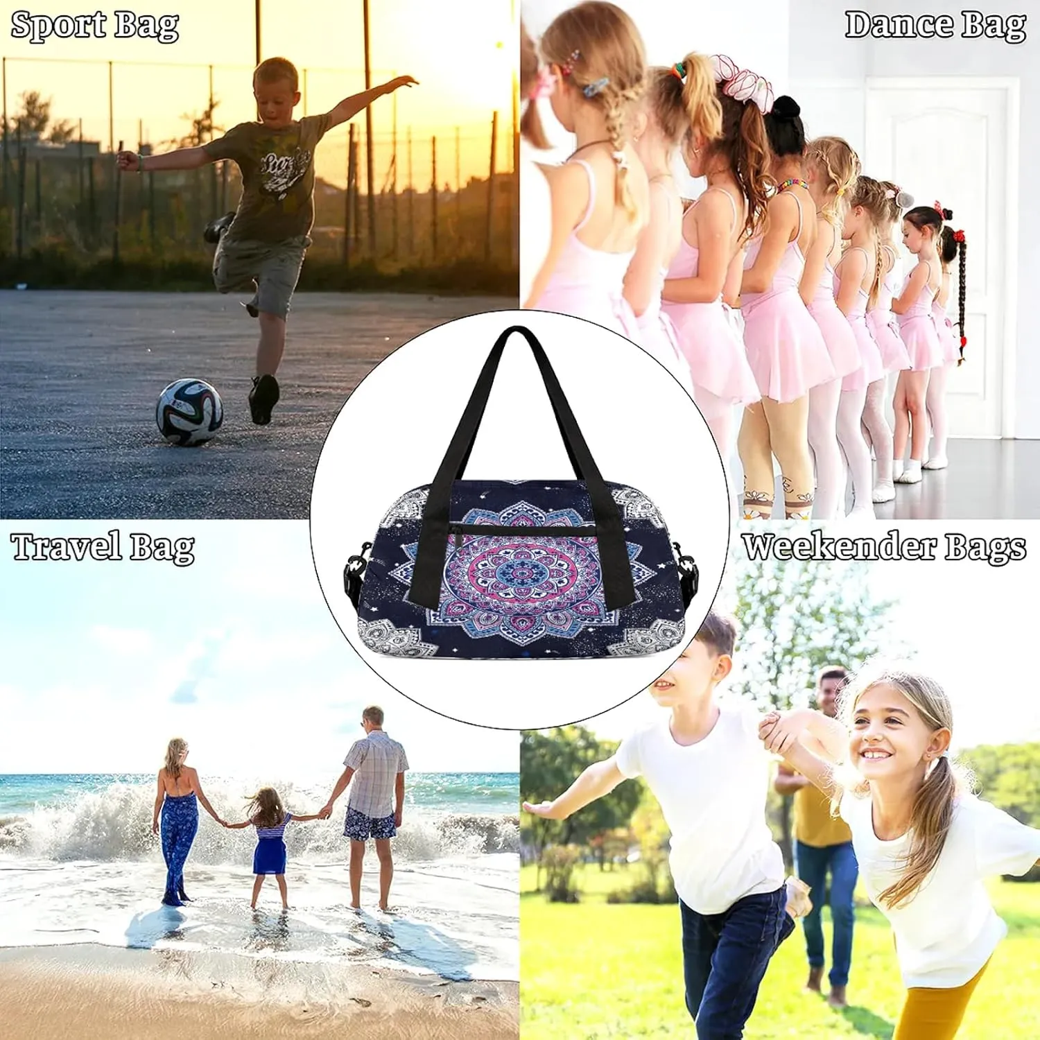 Retro Mandala Pattern Kids Duffel Bag Lightweight Waterproof Sports Gym Bag with Front Zipper Pocket Foldable Weekender Overnight Bag for School Practice Gymnastic Ballet
