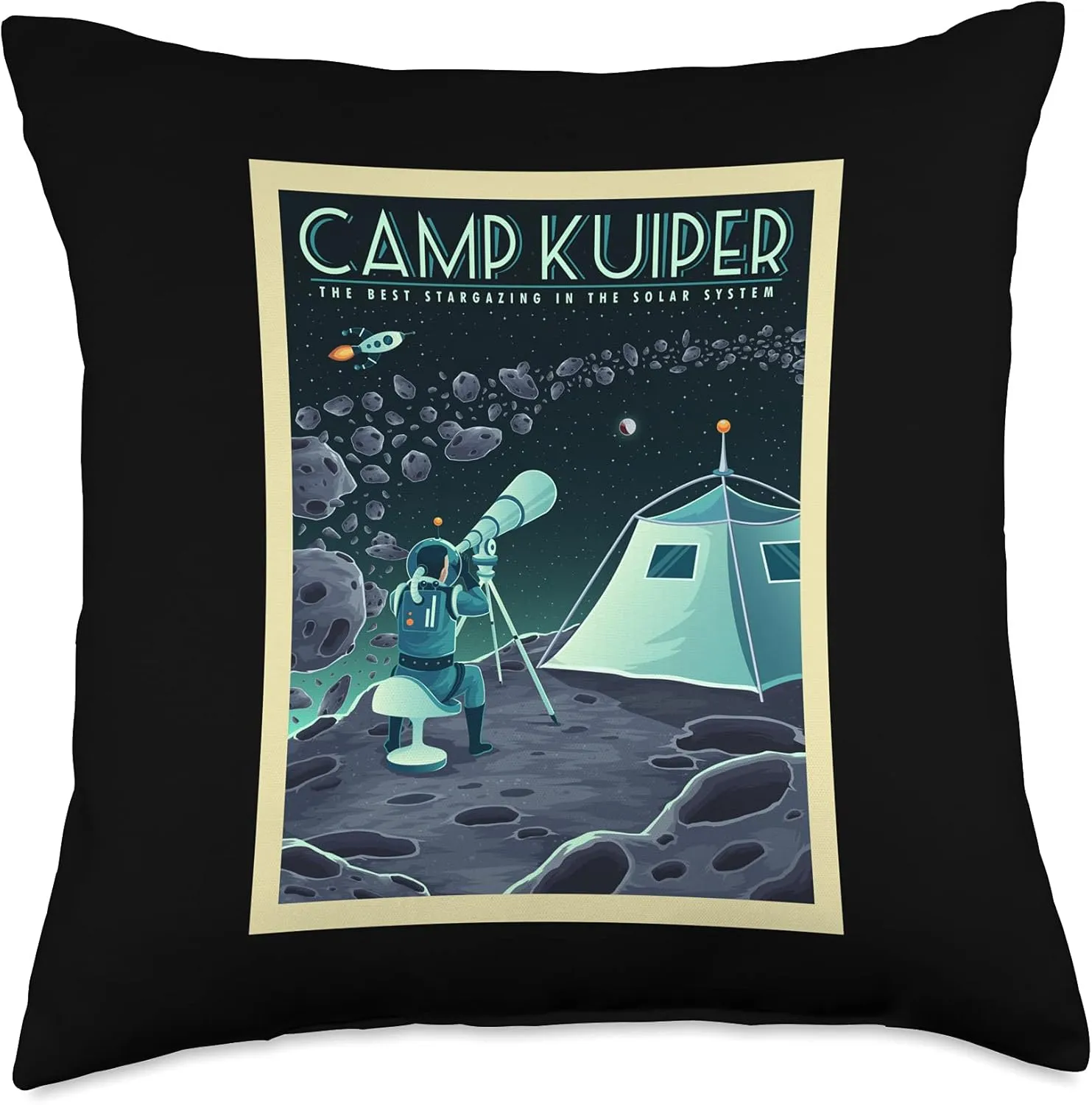 Retro Space Tourism Camp Kuiper Belt Camping Stargazing Throw Pillow