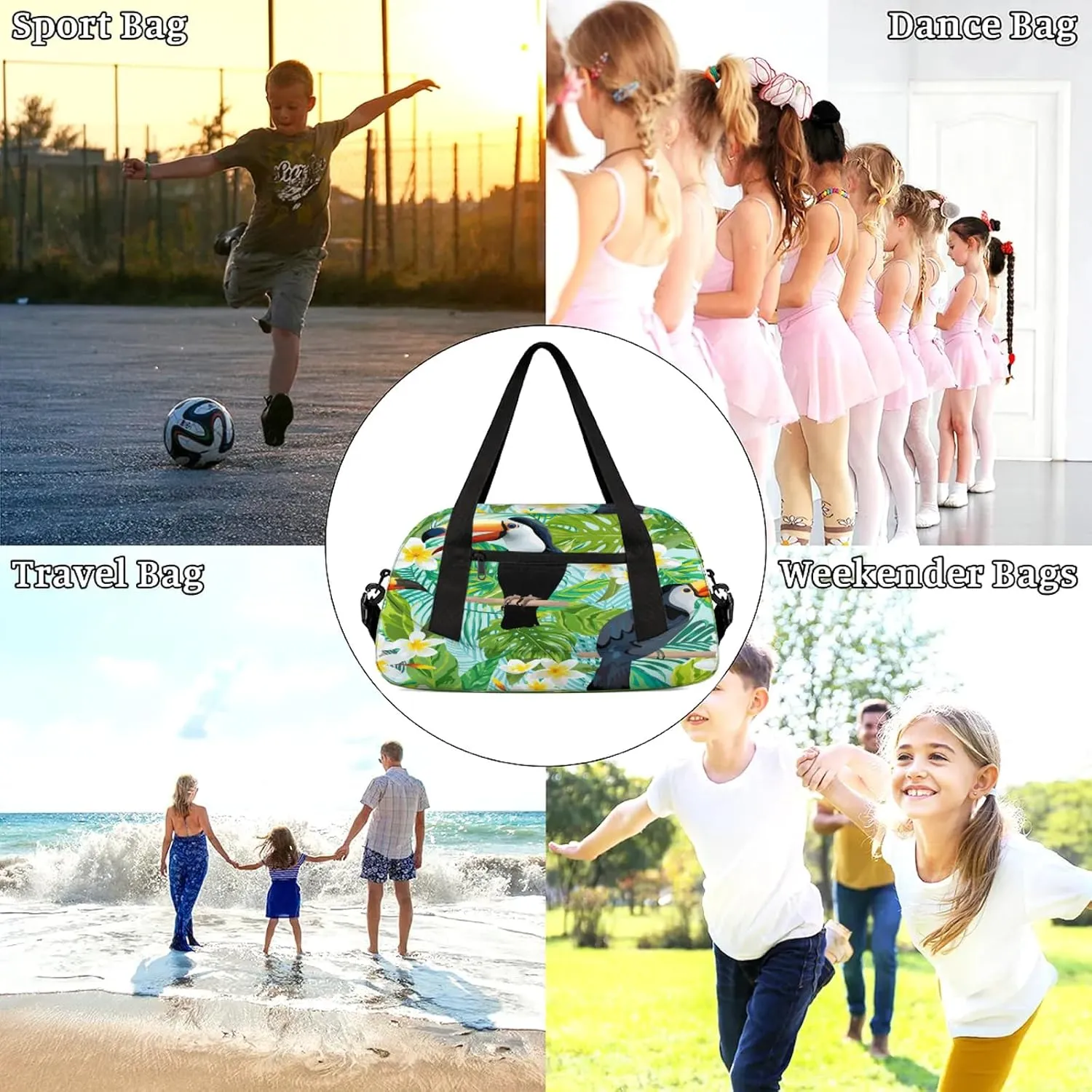 Retro Toucan Pattern Kids Duffel Bag Lightweight Waterproof Sports Gym Bag with Front Zipper Pocket Foldable Weekender Overnight Bag for School Practice Gymnastic Ballet