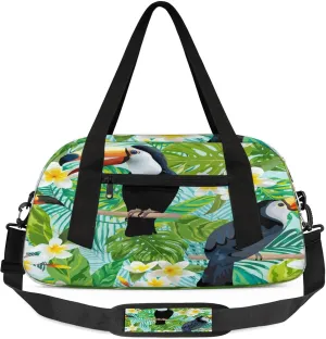 Retro Toucan Pattern Kids Duffel Bag Lightweight Waterproof Sports Gym Bag with Front Zipper Pocket Foldable Weekender Overnight Bag for School Practice Gymnastic Ballet