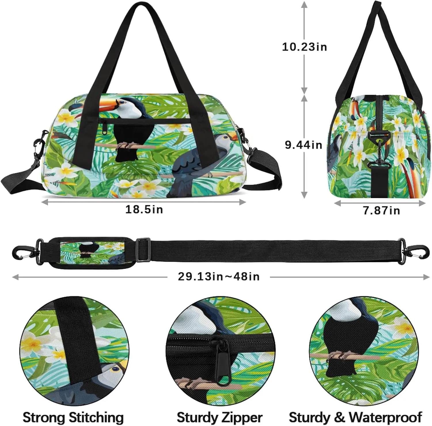 Retro Toucan Pattern Kids Duffel Bag Lightweight Waterproof Sports Gym Bag with Front Zipper Pocket Foldable Weekender Overnight Bag for School Practice Gymnastic Ballet