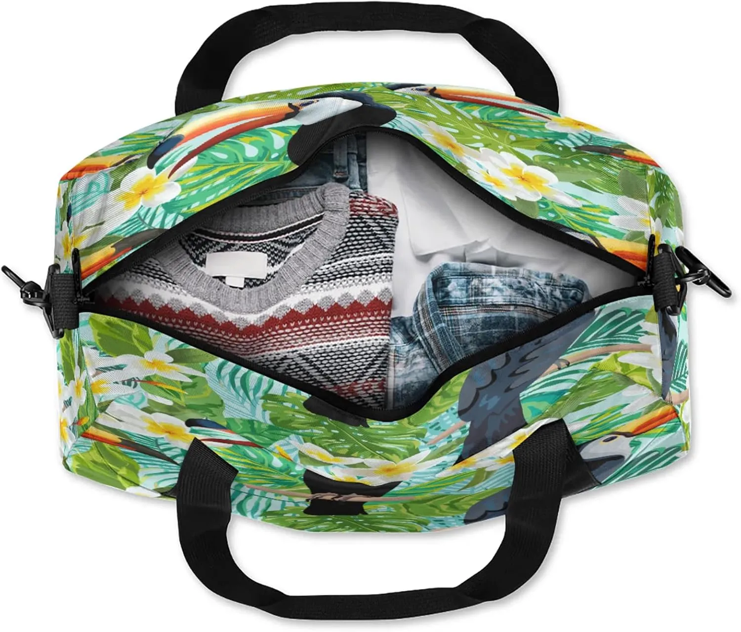 Retro Toucan Pattern Kids Duffel Bag Lightweight Waterproof Sports Gym Bag with Front Zipper Pocket Foldable Weekender Overnight Bag for School Practice Gymnastic Ballet