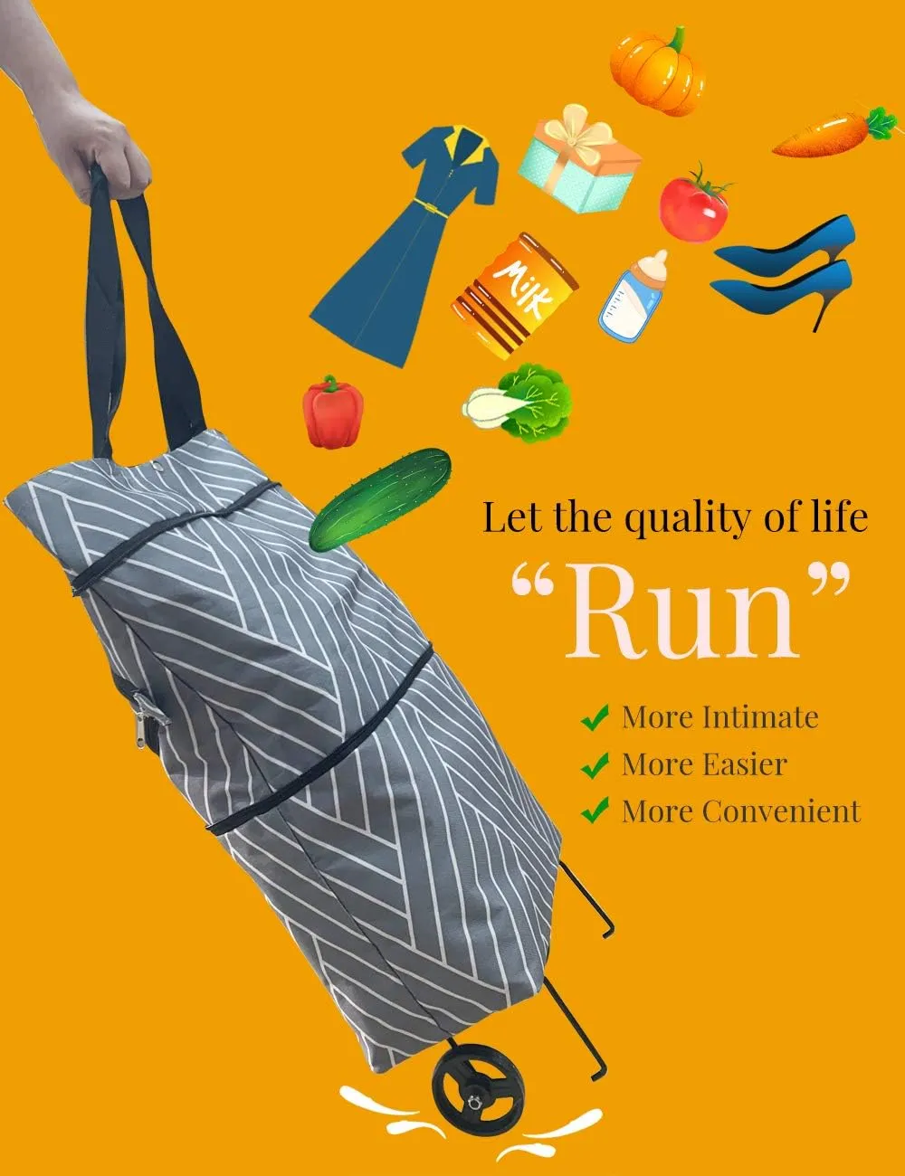 Reusable Grocery Bags with Wheels Foldable Shopping Bags - Waterproof & Strong(Grey Line)