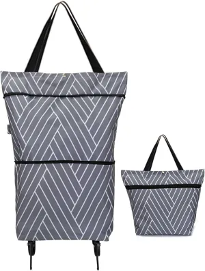 Reusable Grocery Bags with Wheels Foldable Shopping Bags - Waterproof & Strong(Grey Line)