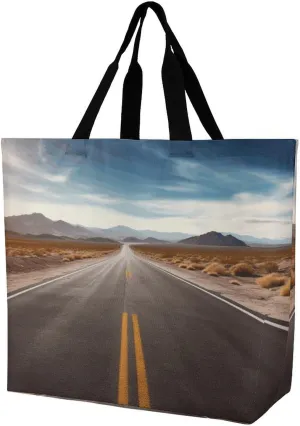 Reusable Grocery Bags,Desert Landscape Highway Print Tote Bag,reusable Shopping Bags,unisex Portable Shoppers Bag for Work,Travel,Shopping