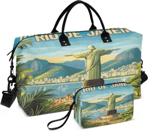 Rio De Janeiro Statue Sports Gym Bag for Women Men Travel Duffel Bag Weekend Overnight Carry on Bag with Toiletry Bag Yoga Bag for Hospital Plane Swimming Yoga Workout