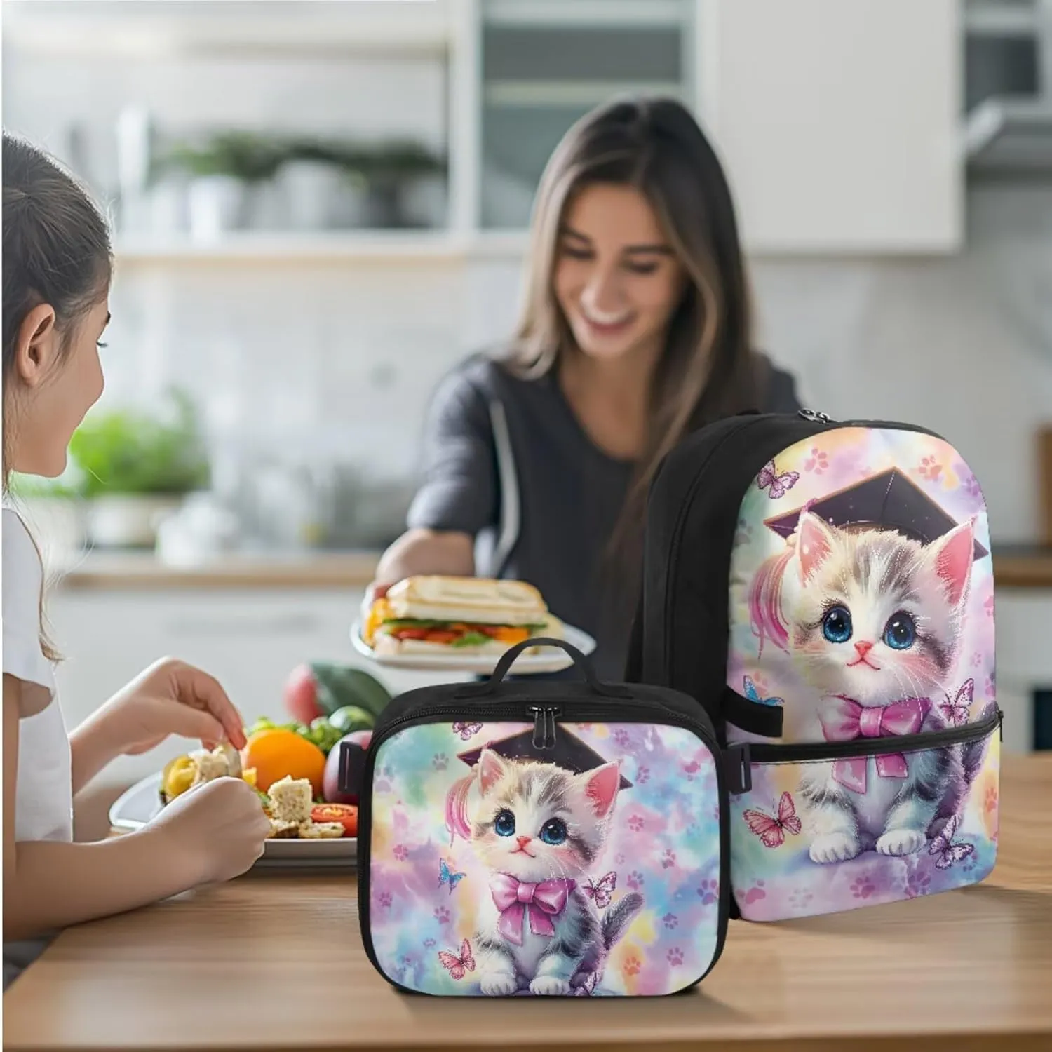 Rnyleeg Cute Cat Backpack for Girls 17 inch School Backpack with Lunch Box Set 3 Pcs Elementary School Bookbag Set for Kids Portable Bag for Hiking Camping
