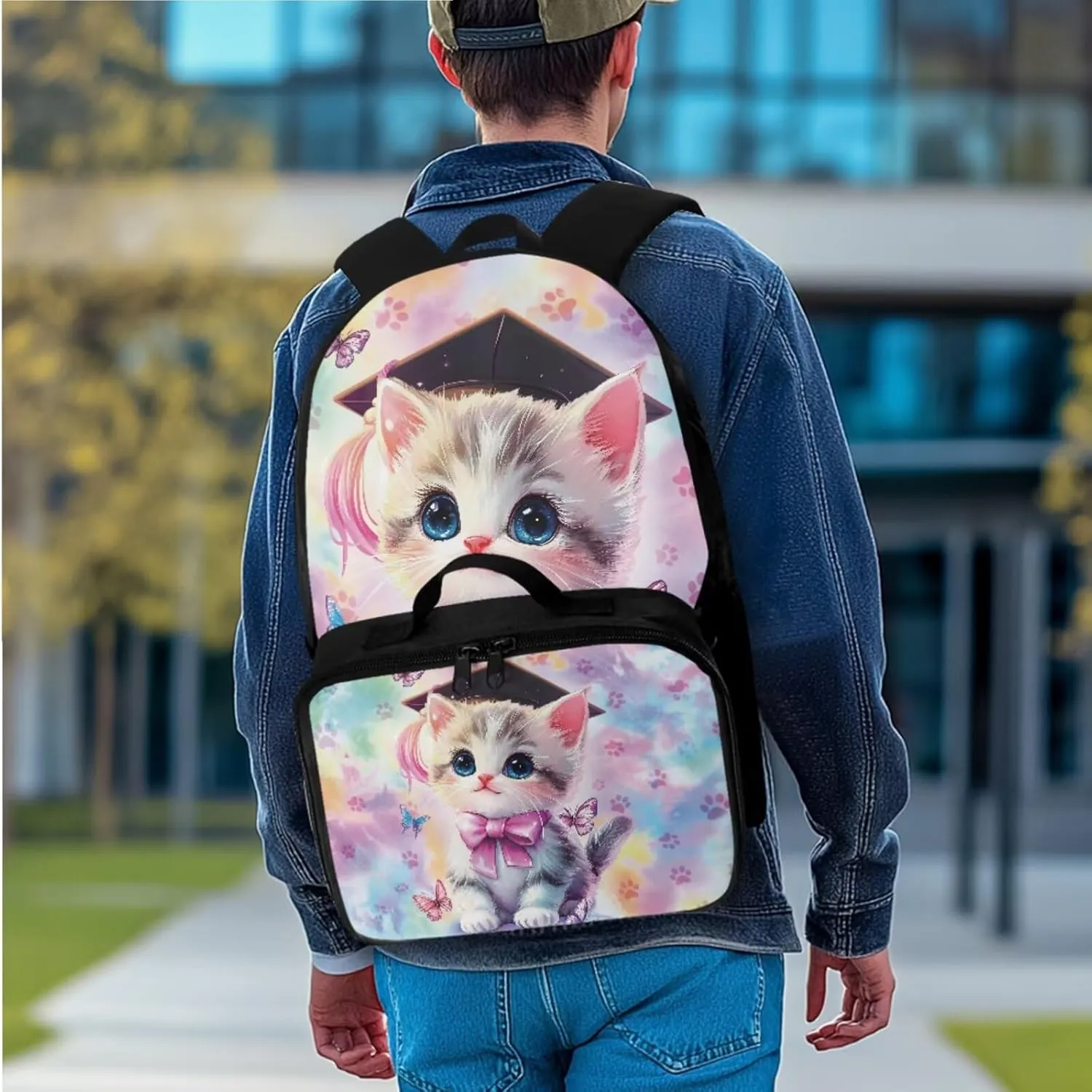 Rnyleeg Cute Cat Backpack for Girls 17 inch School Backpack with Lunch Box Set 3 Pcs Elementary School Bookbag Set for Kids Portable Bag for Hiking Camping