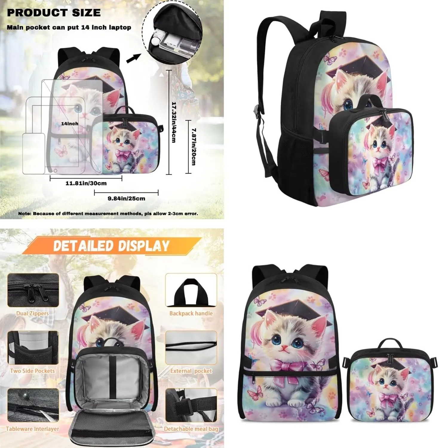 Rnyleeg Cute Cat Backpack for Girls 17 inch School Backpack with Lunch Box Set 3 Pcs Elementary School Bookbag Set for Kids Portable Bag for Hiking Camping