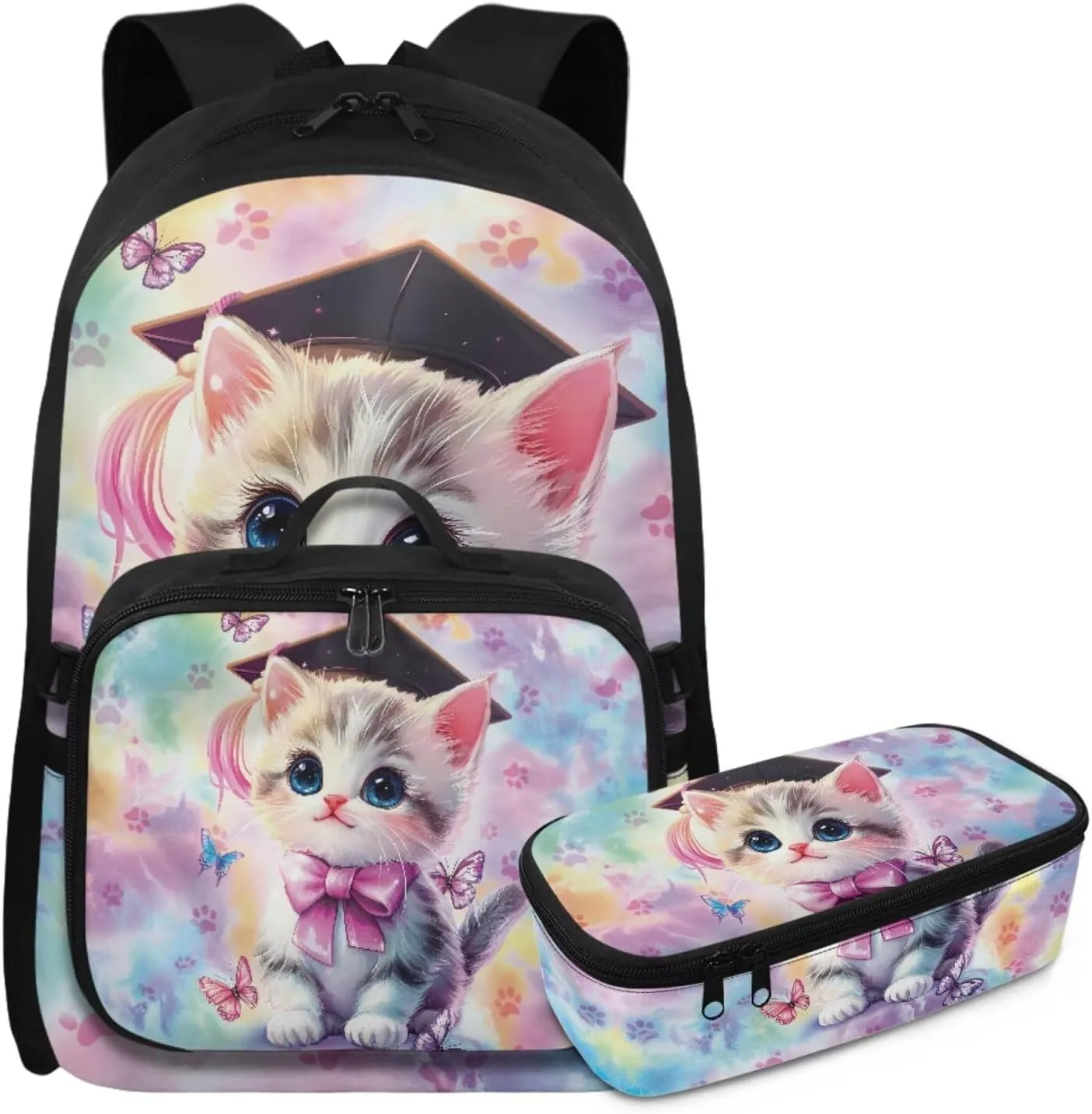 Rnyleeg Cute Cat Backpack for Girls 17 inch School Backpack with Lunch Box Set 3 Pcs Elementary School Bookbag Set for Kids Portable Bag for Hiking Camping