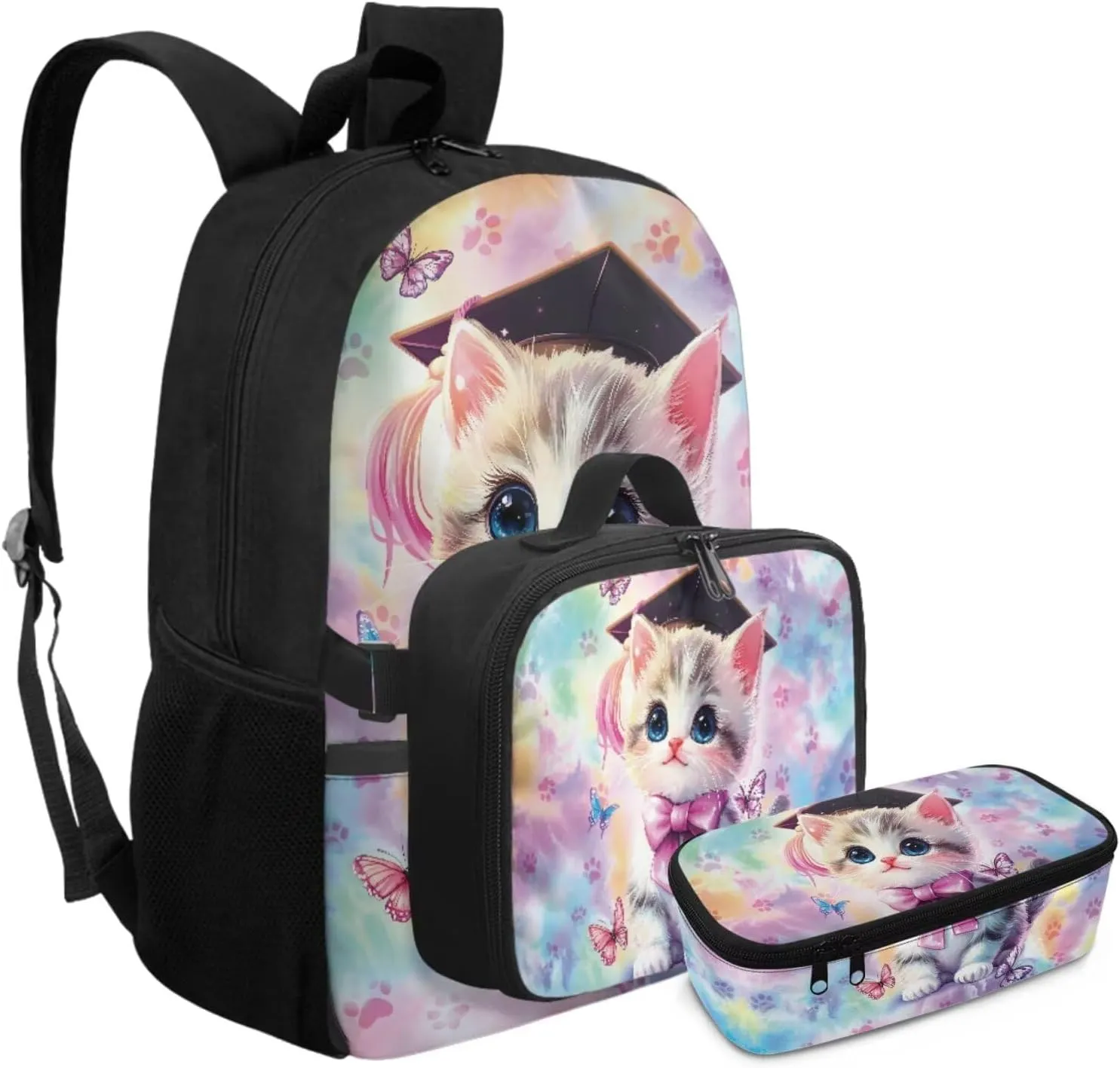 Rnyleeg Cute Cat Backpack for Girls 17 inch School Backpack with Lunch Box Set 3 Pcs Elementary School Bookbag Set for Kids Portable Bag for Hiking Camping