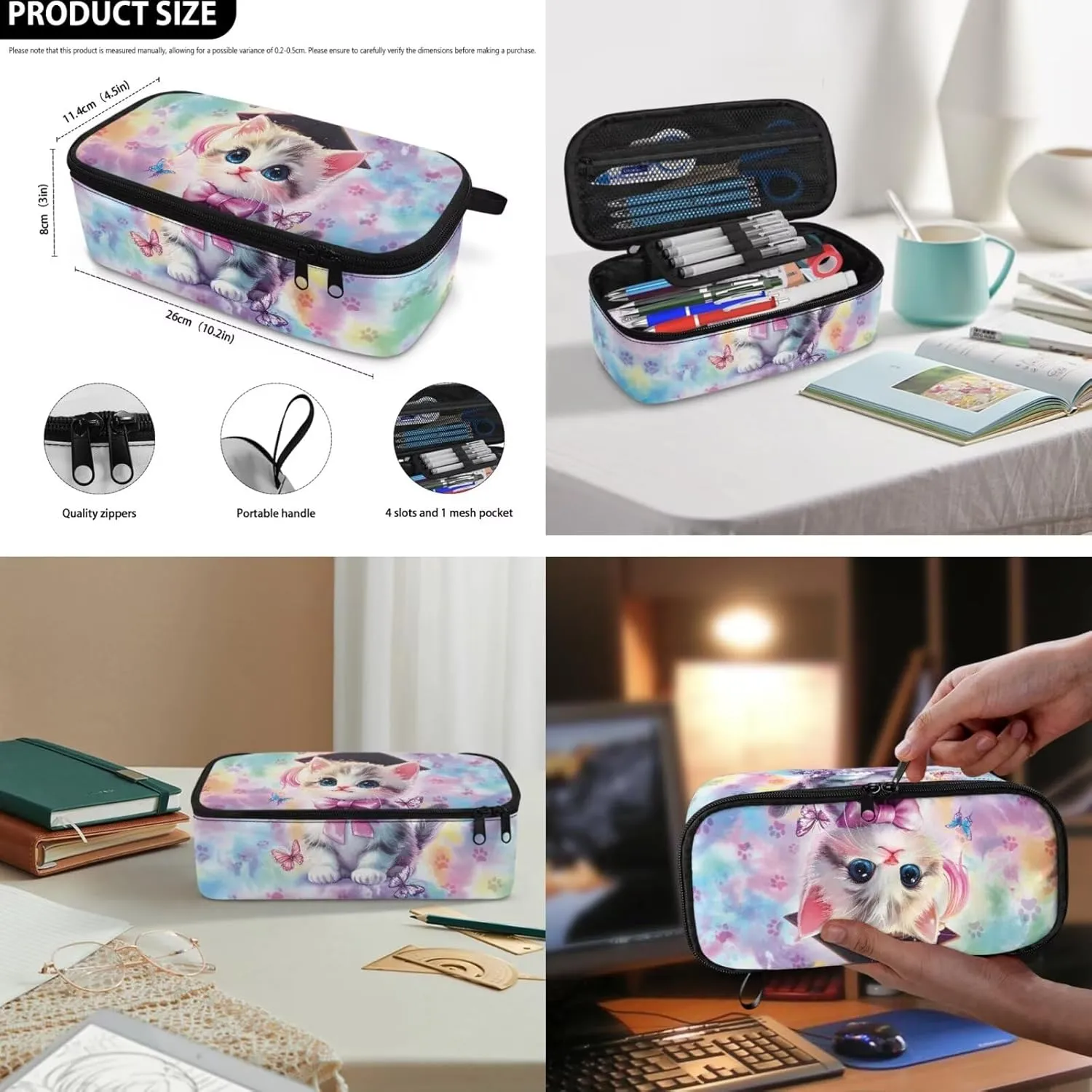 Rnyleeg Cute Cat Backpack for Girls 17 inch School Backpack with Lunch Box Set 3 Pcs Elementary School Bookbag Set for Kids Portable Bag for Hiking Camping