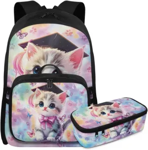 Rnyleeg Cute Cat Backpack for Girls 17 inch School Backpack with Lunch Box Set 3 Pcs Elementary School Bookbag Set for Kids Portable Bag for Hiking Camping