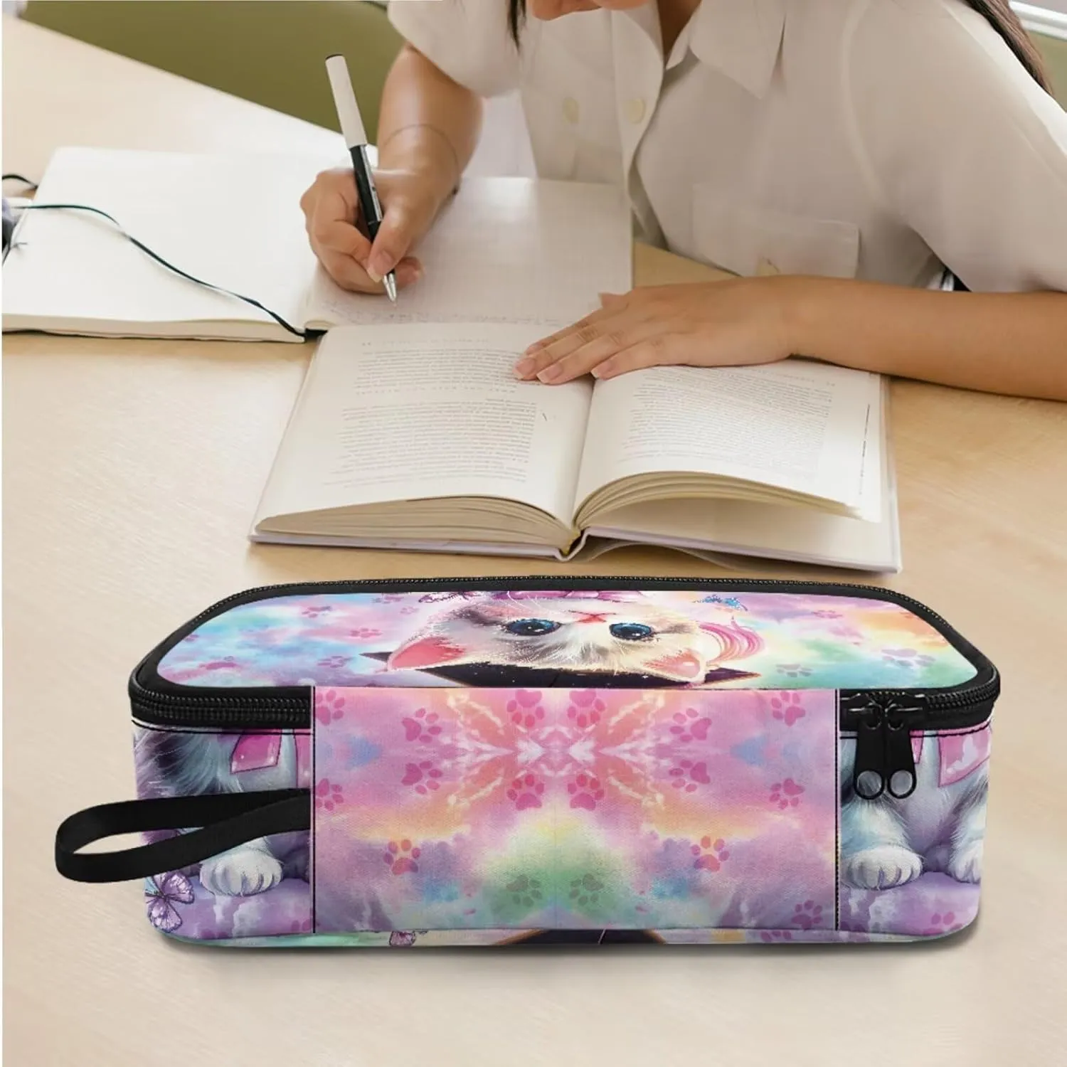 Rnyleeg Cute Cat Backpack for Girls 17 inch School Backpack with Lunch Box Set 3 Pcs Elementary School Bookbag Set for Kids Portable Bag for Hiking Camping