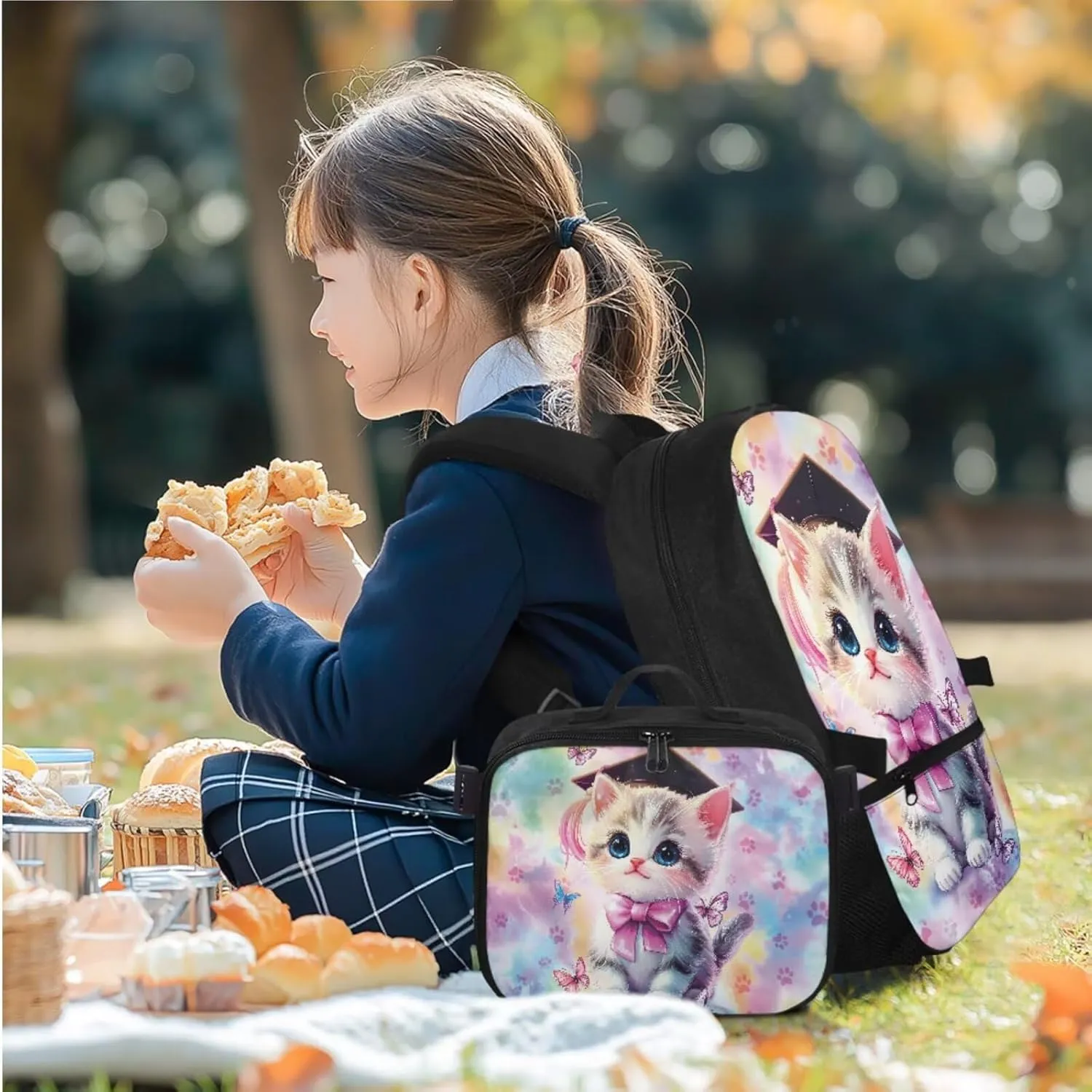 Rnyleeg Cute Cat Backpack for Girls 17 inch School Backpack with Lunch Box Set 3 Pcs Elementary School Bookbag Set for Kids Portable Bag for Hiking Camping