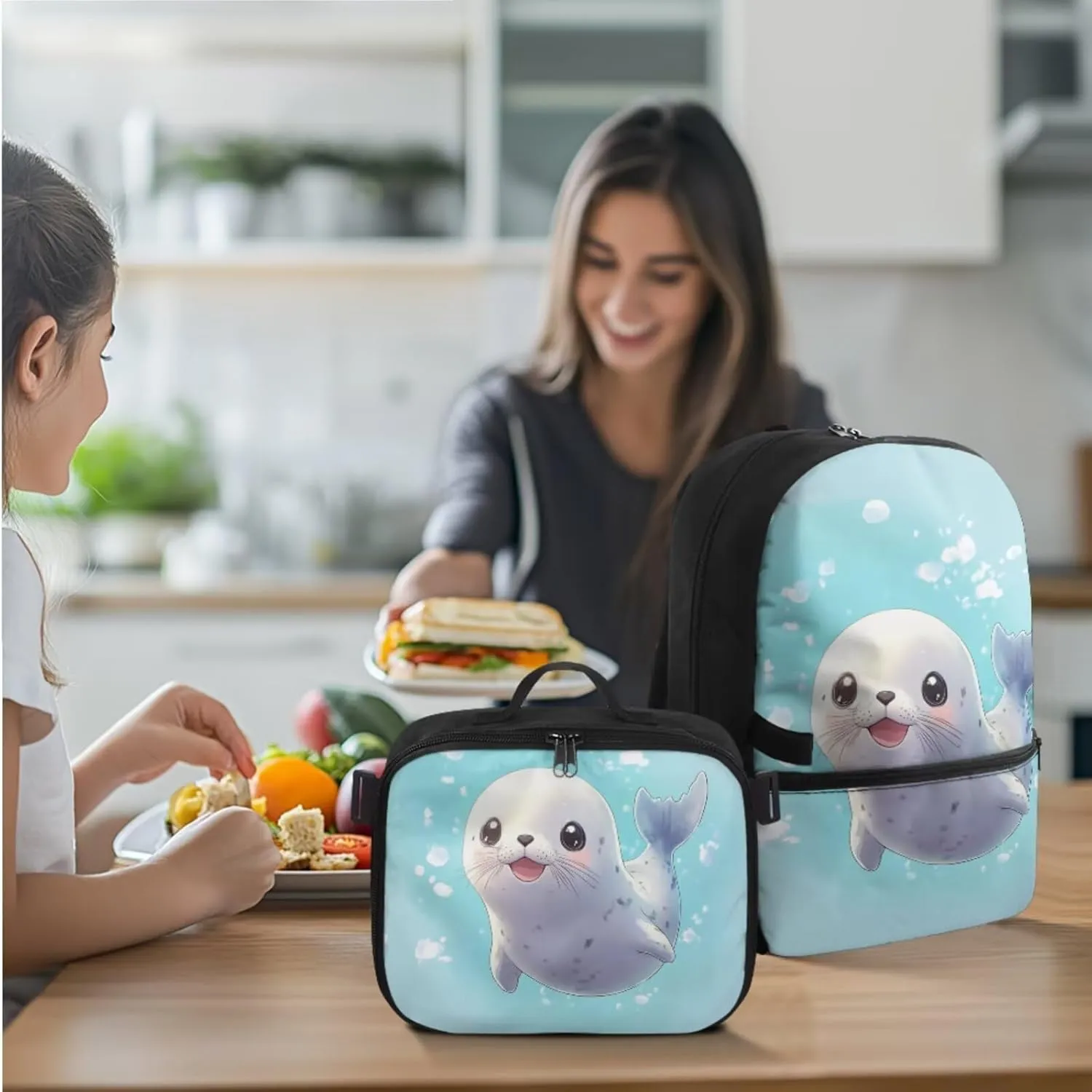 Rnyleeg Cute Seal Backpack for Boys 6-8 Lightweight Boys Backpack Ages 8-10 Large Capacity Elementary School Bookbag Set 3 in 1 School Supply Bag Casual Travel Daypack