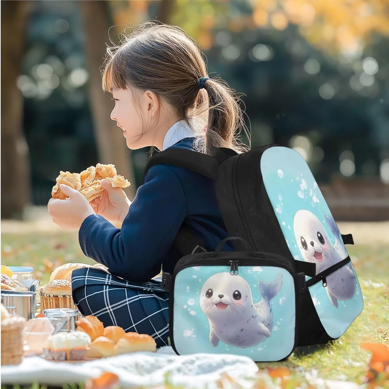 Rnyleeg Cute Seal Backpack for Boys 6-8 Lightweight Boys Backpack Ages 8-10 Large Capacity Elementary School Bookbag Set 3 in 1 School Supply Bag Casual Travel Daypack