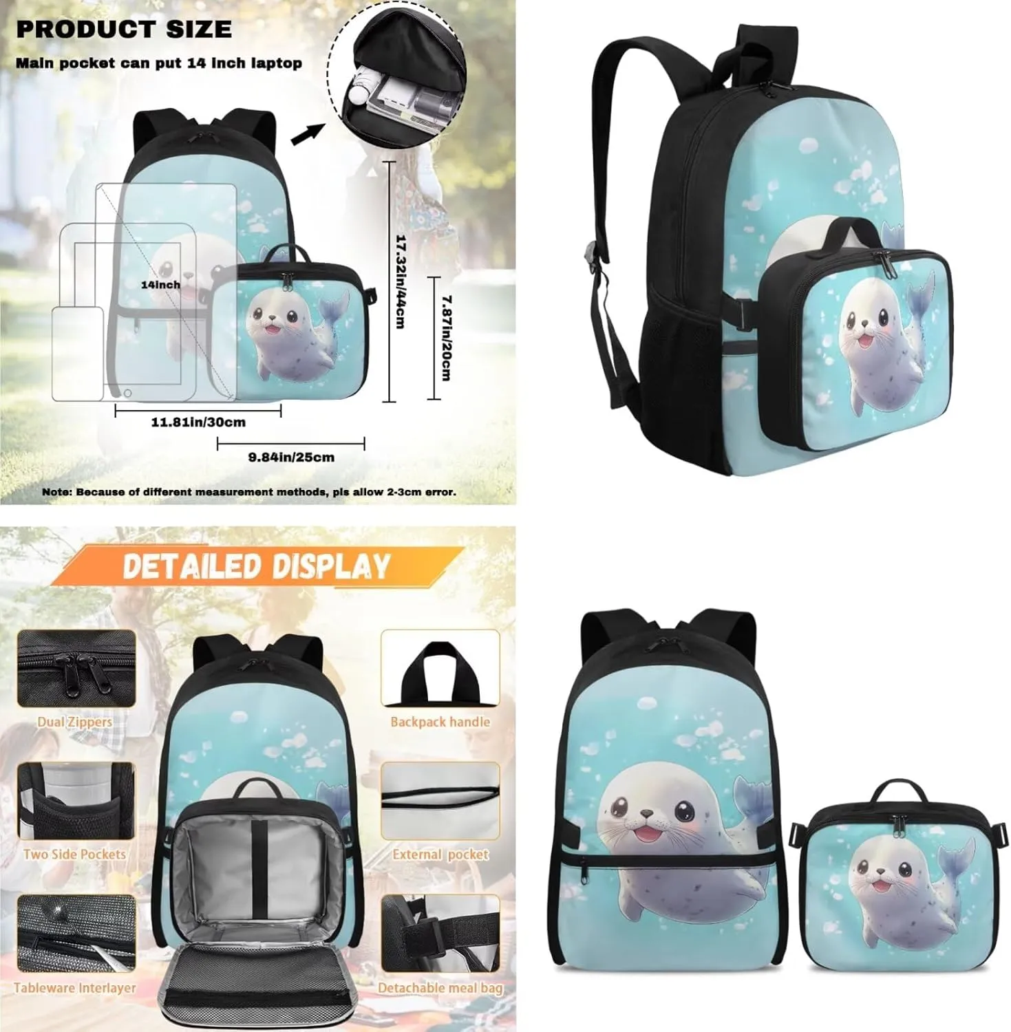 Rnyleeg Cute Seal Backpack for Boys 6-8 Lightweight Boys Backpack Ages 8-10 Large Capacity Elementary School Bookbag Set 3 in 1 School Supply Bag Casual Travel Daypack